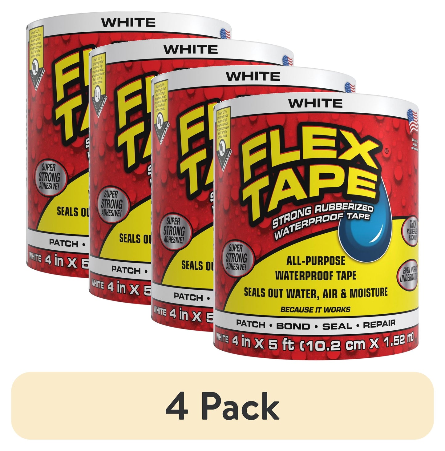 (4 pack) Flex Tape Strong Rubberized Waterproof Adhesive, 4 Inches x 5 Feet, White