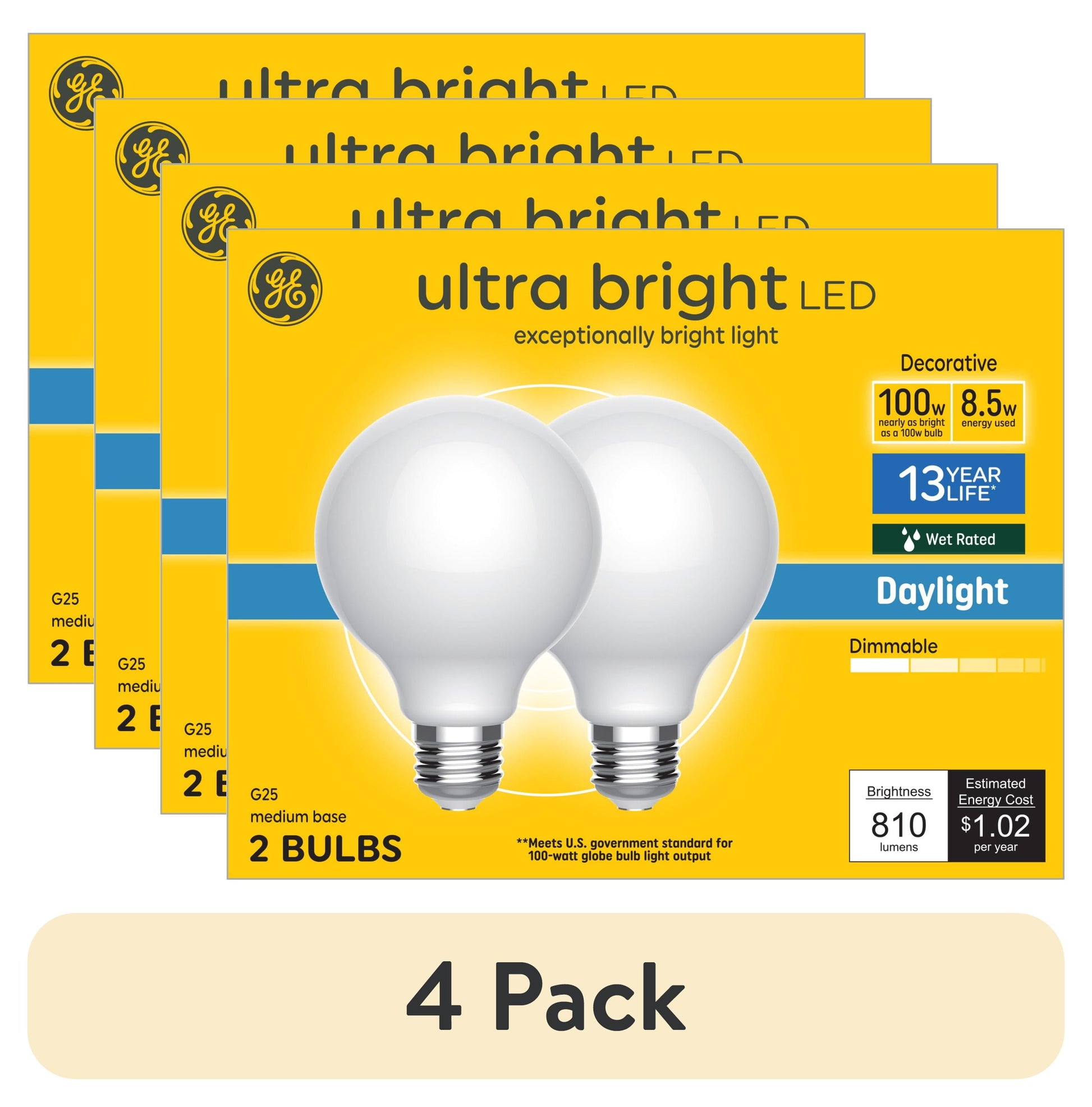 (4 pack) GE G25 Ultra Bright LED Light Bulbs, Daylight 100 Watts Globe Light Bulbs, 2pk