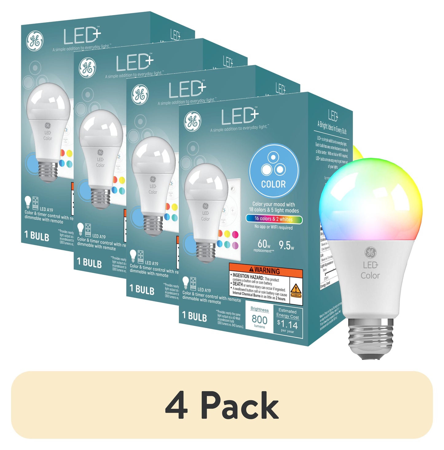 (4 pack) GE LED+ Color Lamp LED Light Bulbs,General Purpose, A19 Bulb, 9.5 Watts (1 Pack)