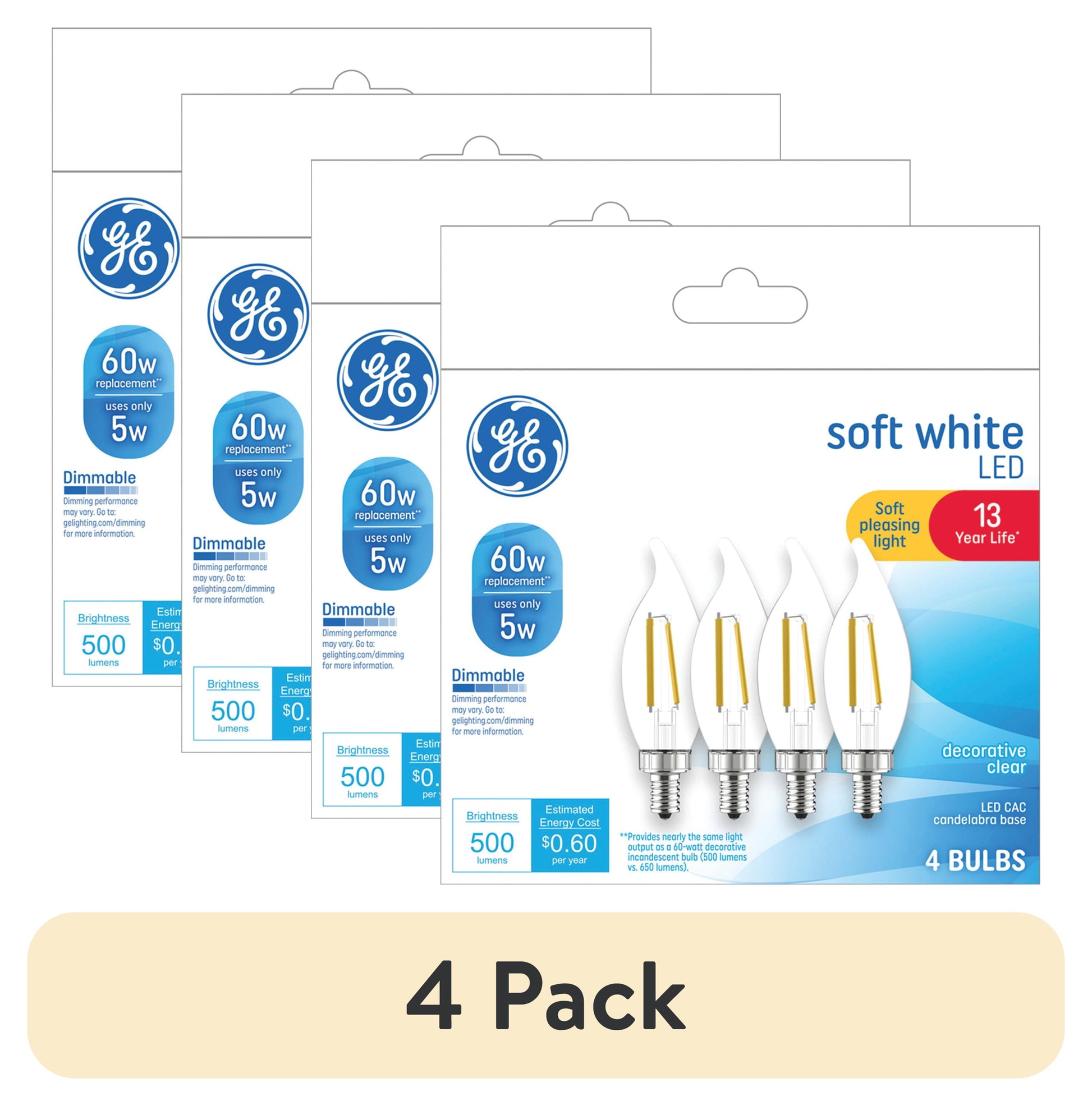 (1 pack) GE LED Light Bulbs, 60 Watt, Soft White, CA11 Bulbs, Small Base, 13yr, 4pk