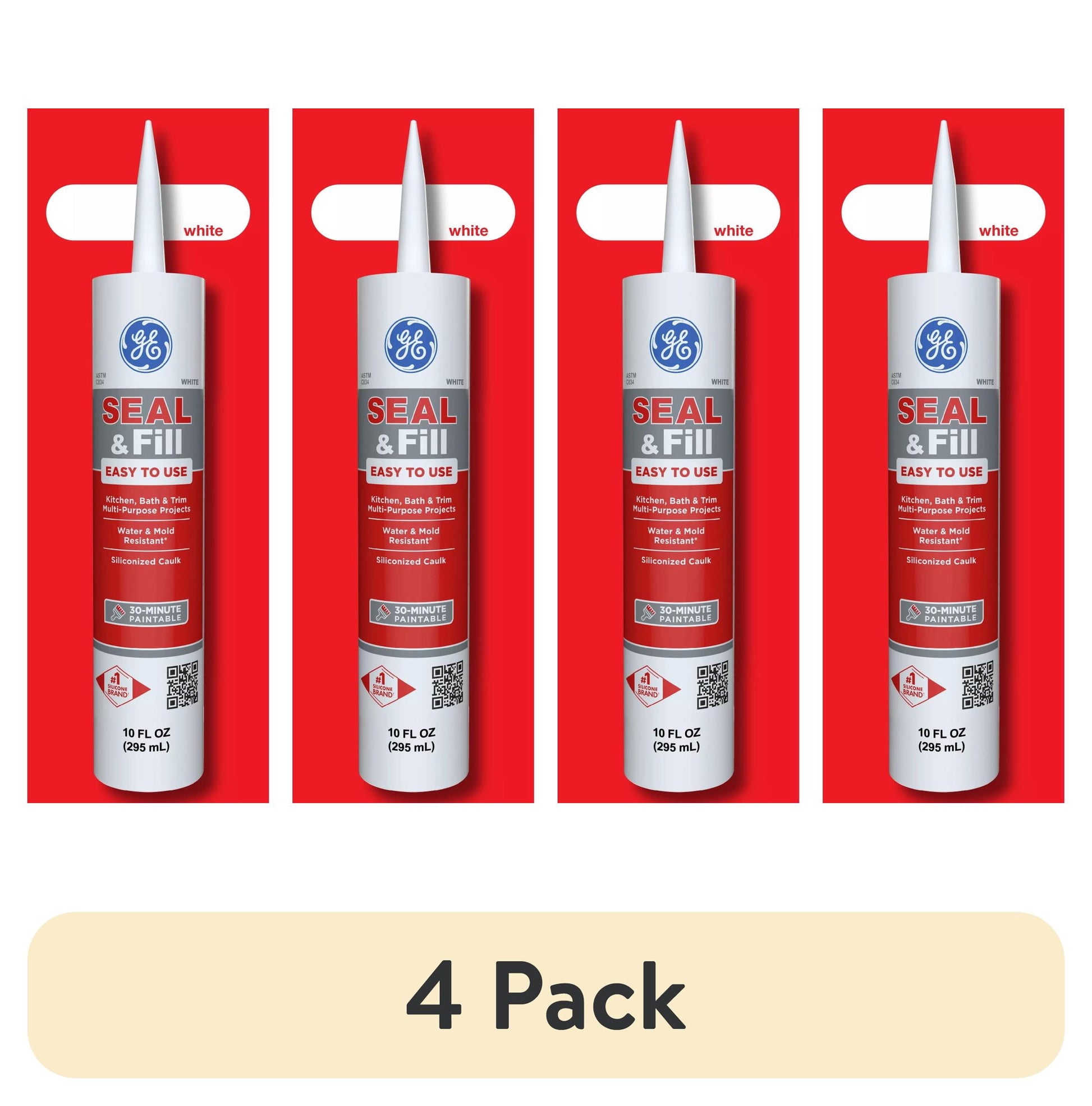 (4 pack) GE Seal And Fill Multipurpose Kitchen & Bath, Pack of 1, White 10 fl oz Cartridge