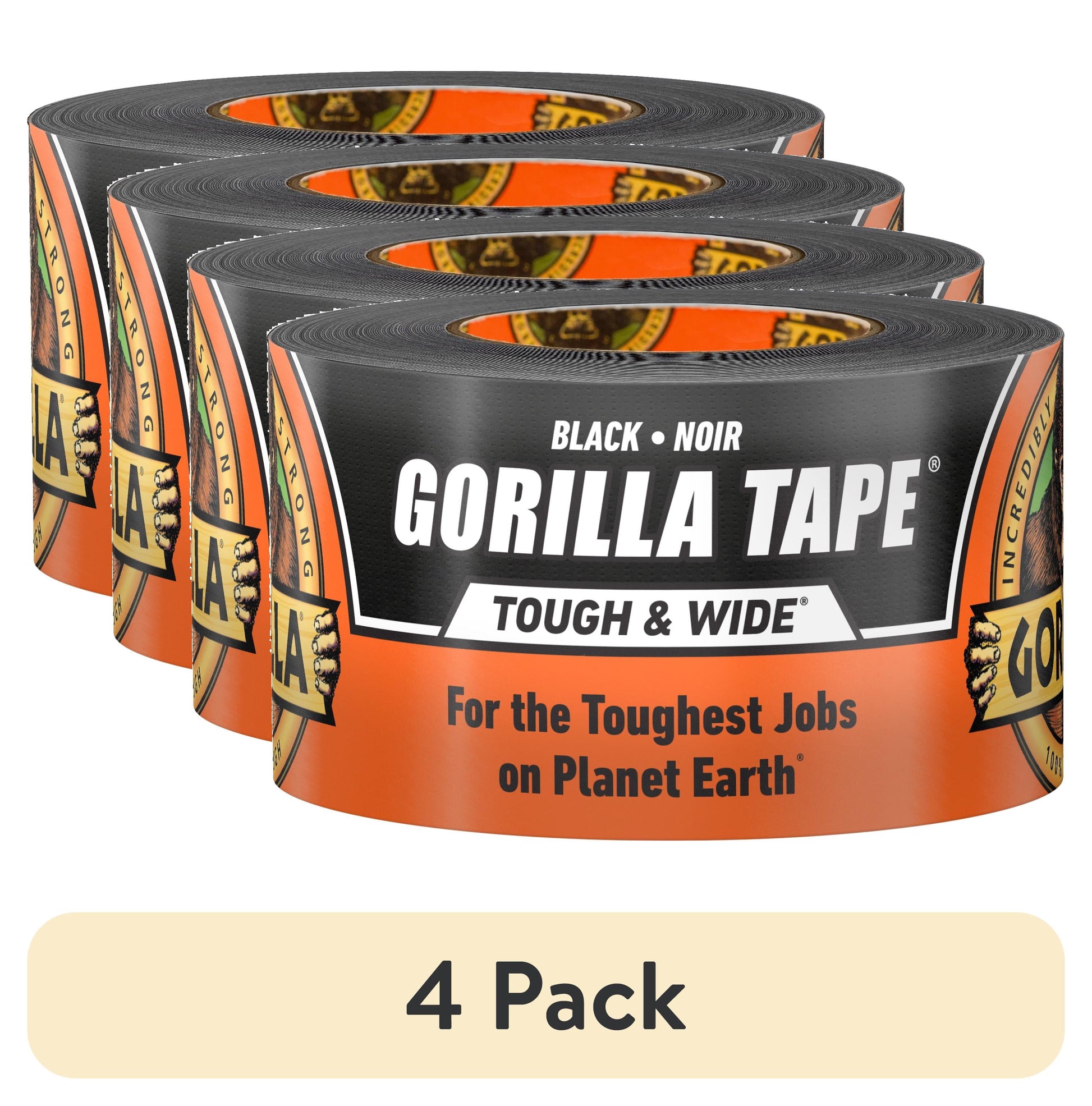 (4 pack) Gorilla Tape Tough & Wide, Black Tape, 2.88" x 25 yd
