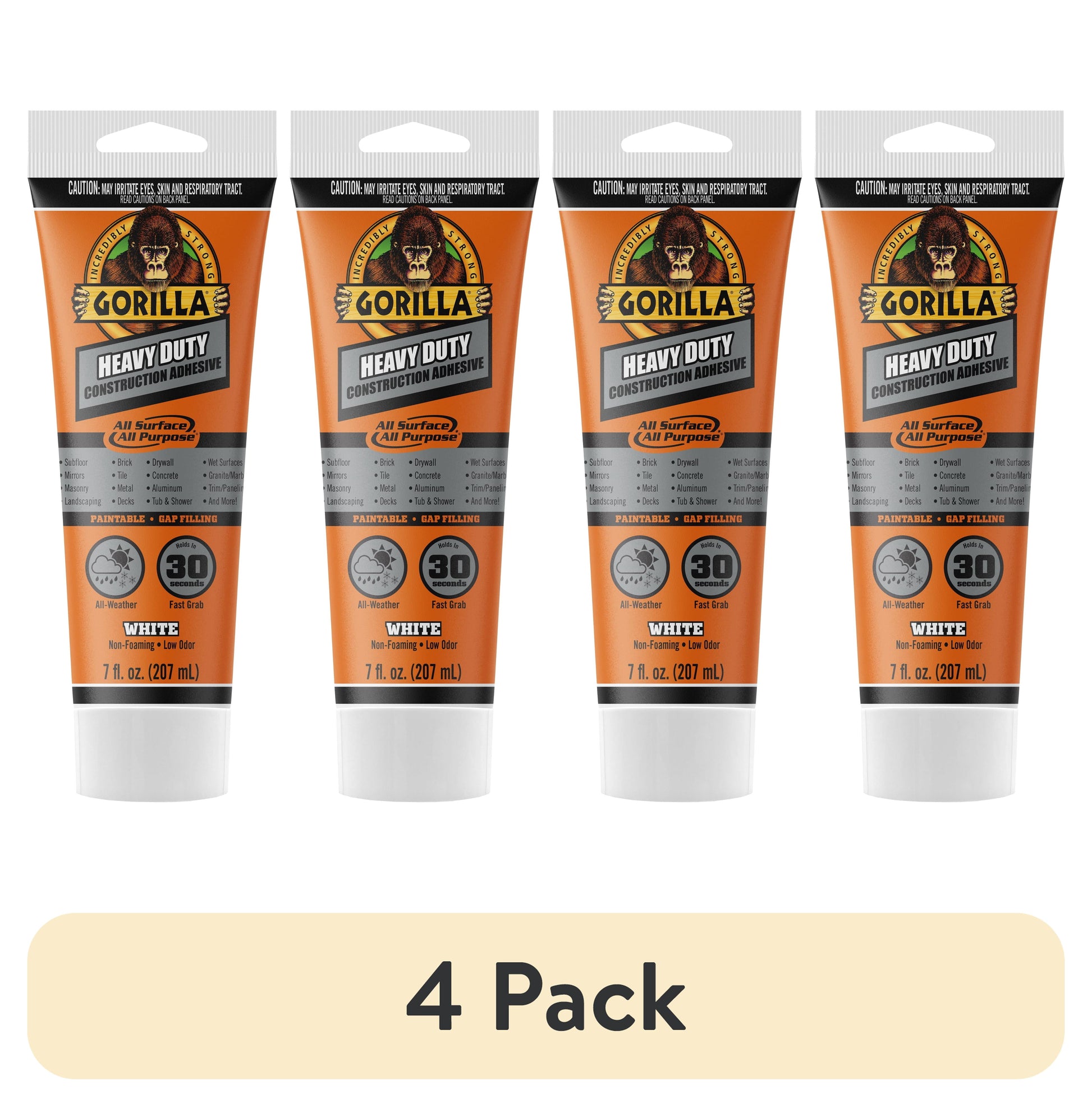 (4 pack) Gorilla Heavy Duty Construction Adhesive, White Glue, 7 Ounce Squeeze Tube