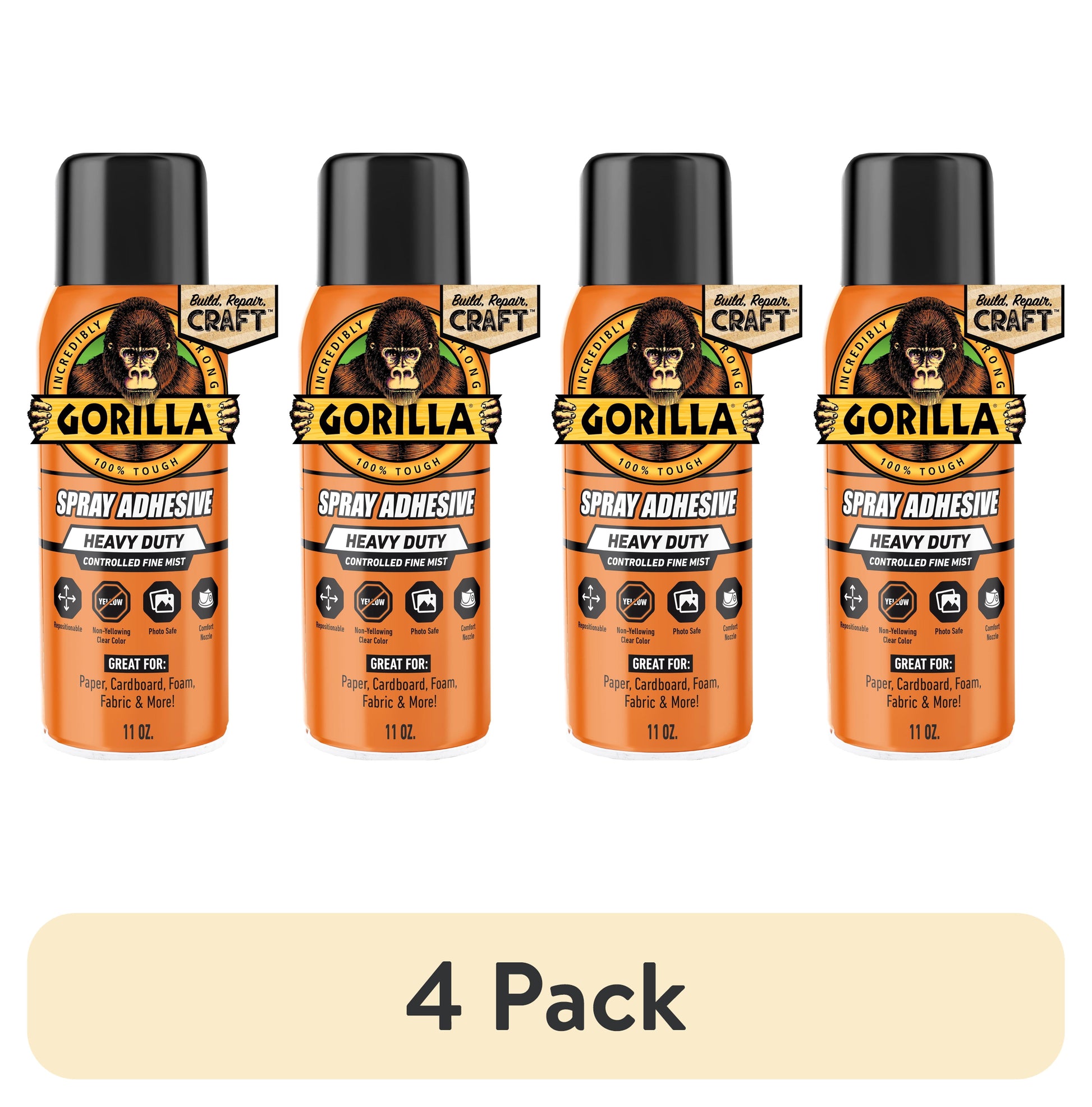(4 pack) Gorilla Clear Spray Adhesive, 11 Ounce Can, New Condition