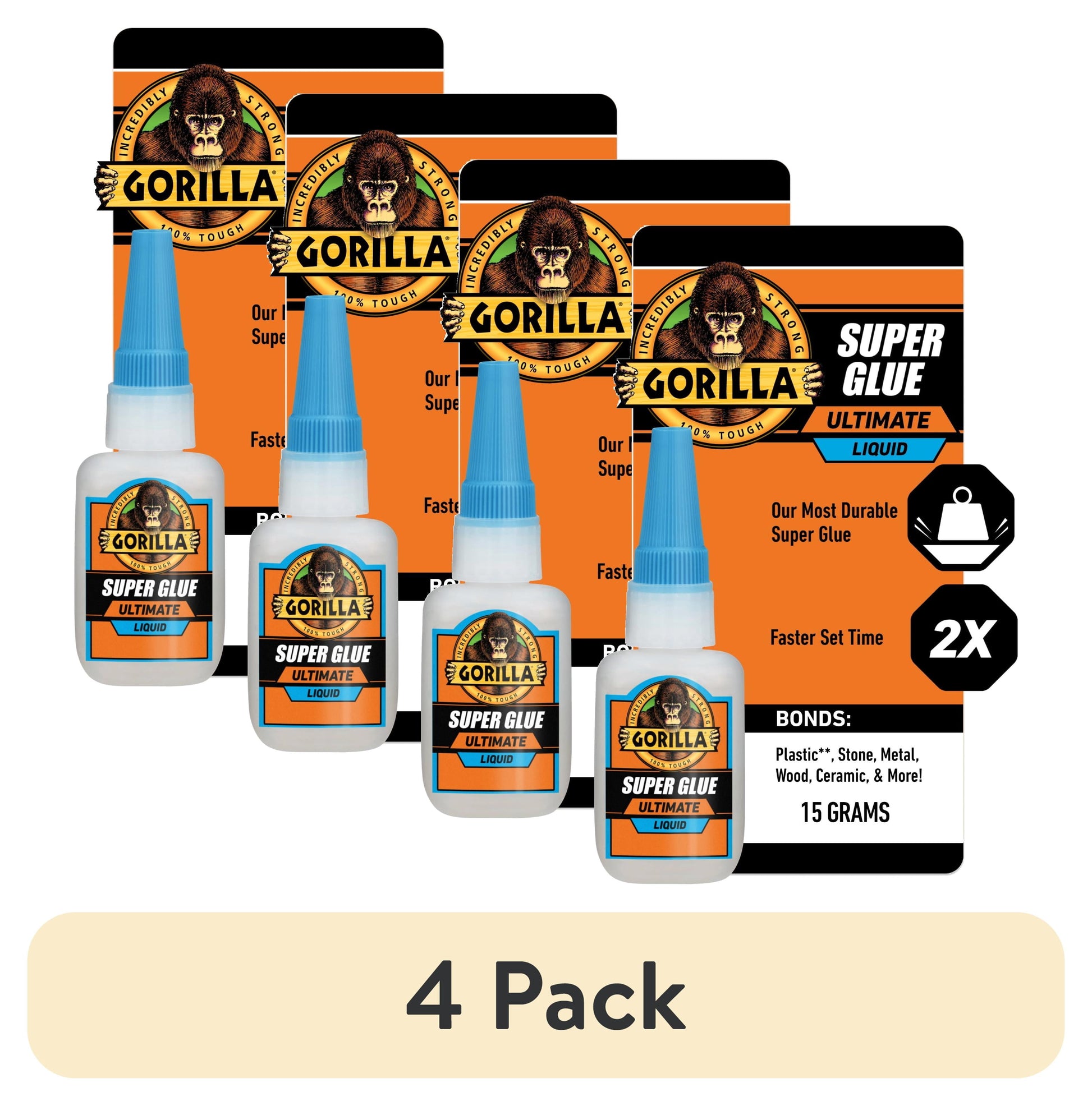 (4 pack) Gorilla Super Glue Ultimate Liquid Clear 15g Bottle, Product Net Content Quantity Is 1