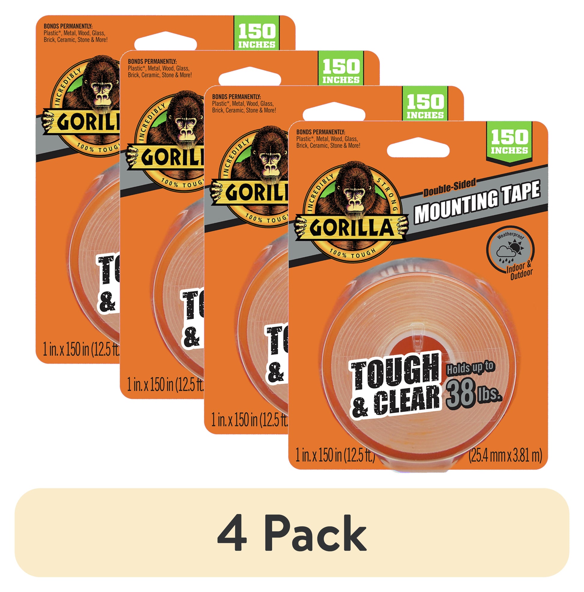 (4 pack) Gorilla Tough & Clear Double Sided Mounting Tape, Clear Tape, 1" x 150"