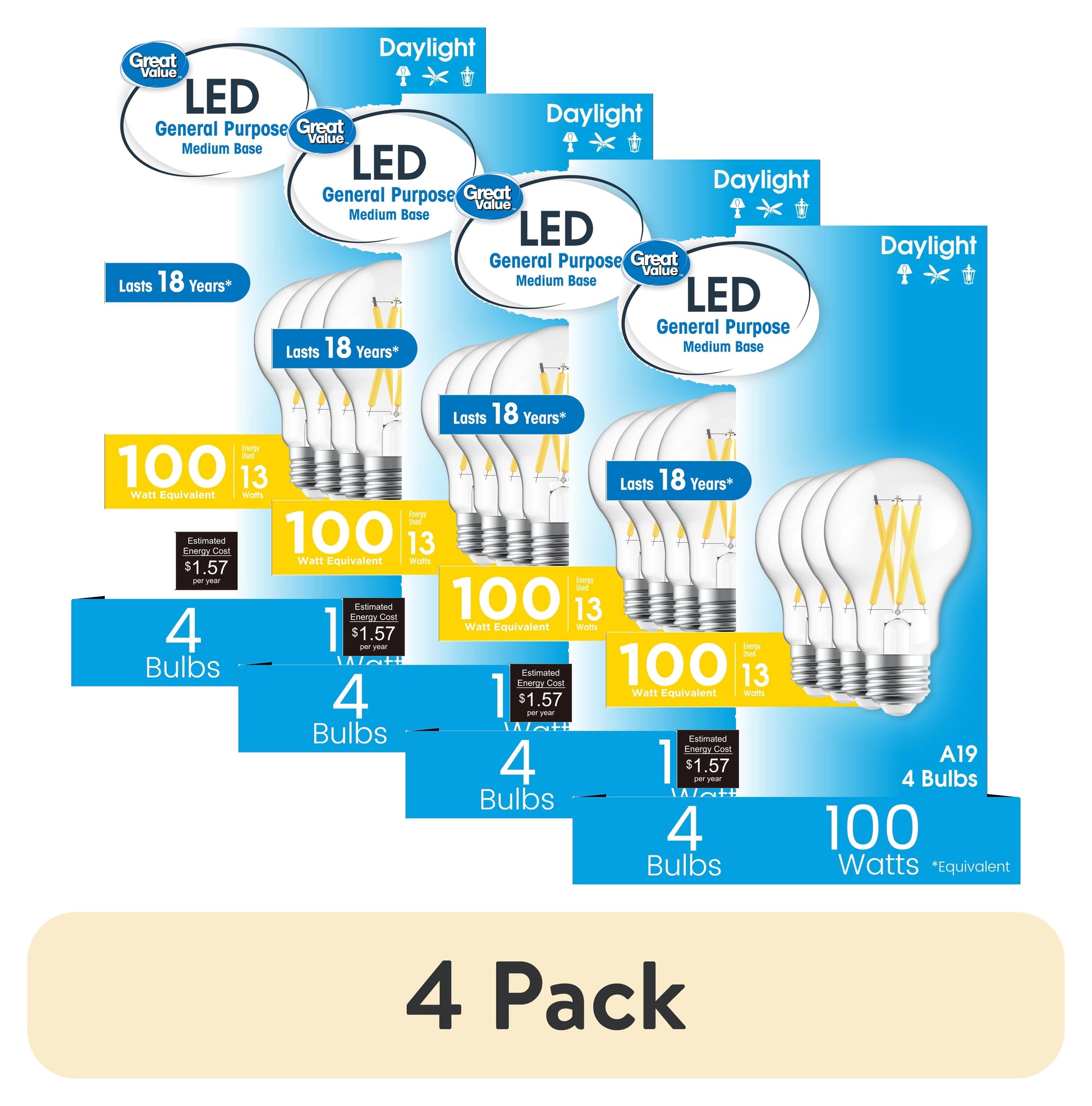 (4 pack) Great Value 18YR A19 LED Light Bulb, 13W (100W Equivalent) Daylight Dimmable E26 Medium Base (4 Pack)