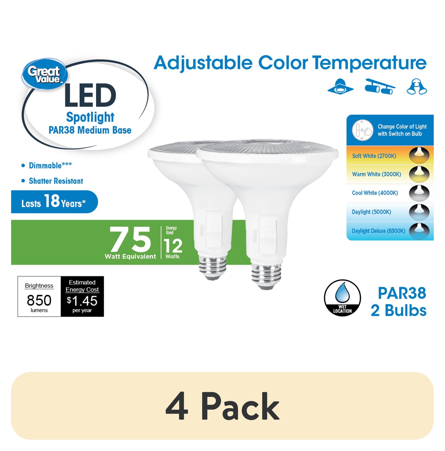 (4 pack) Great Value LED Light Bulb, 11 Watts (75W Equivalent) PAR38 Floodlight Lamp E26 Medium Base, Dimmable, CCT, 2-Pack