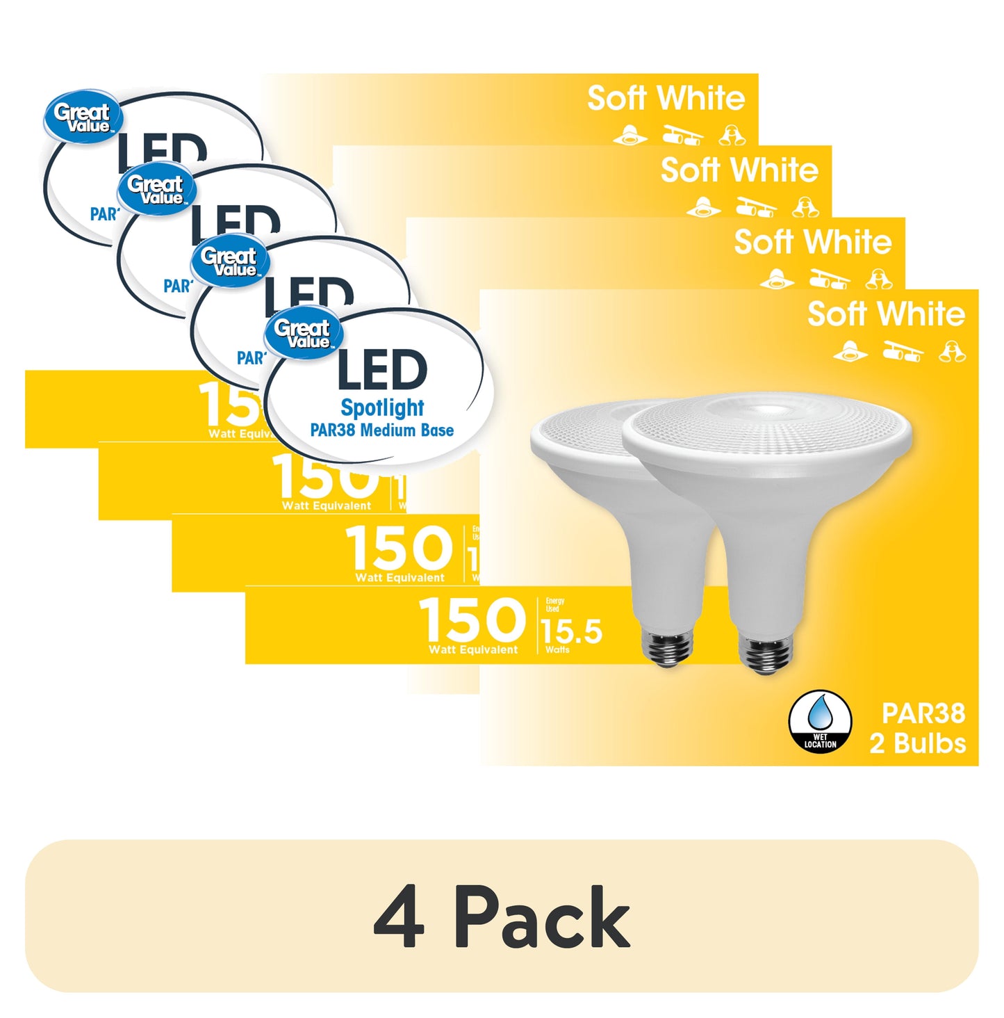 (4 pack) Great Value PAR38 LED 15.5W (150W Equivalent) Soft White E26 Medium Base Spotlight Bulbs, Dimmable, 2 Pack