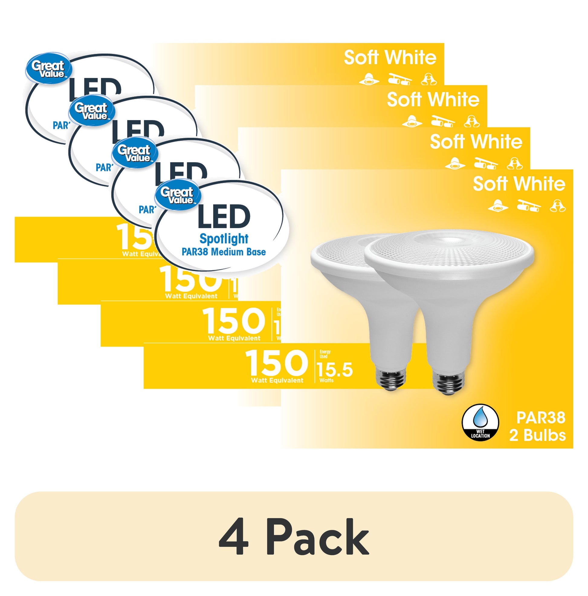(4 pack) Great Value PAR38 LED 15.5W (150W Equivalent) Soft White E26 Medium Base Spotlight Bulbs, Dimmable, 2 Pack