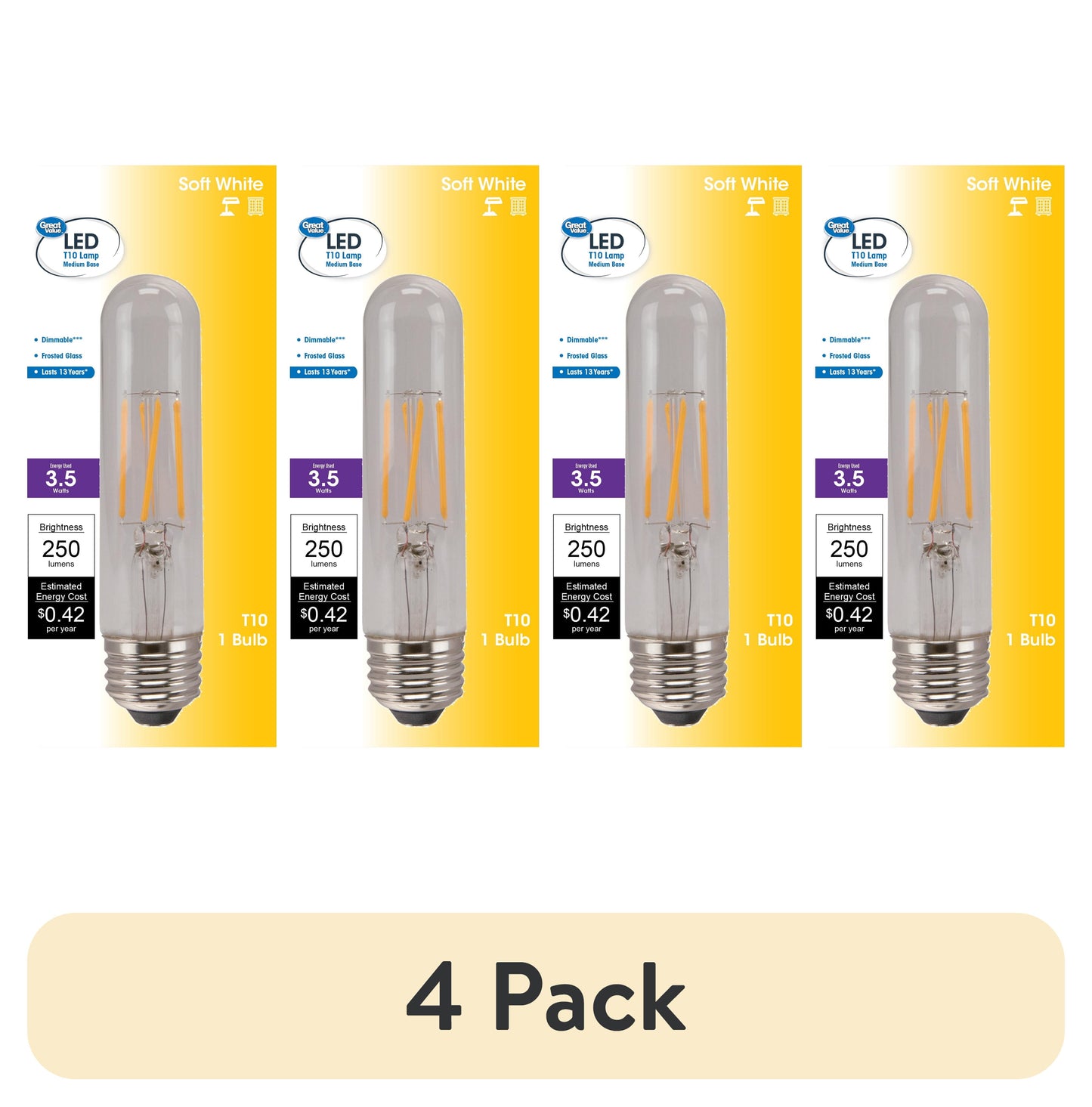 (4 pack) Great Value LED Light Bulb, 3.5 Watts (25W Equivalent) T10 Clear Tube Lamp E26 Medium Base, Dimmable, Soft White, 1-Pack