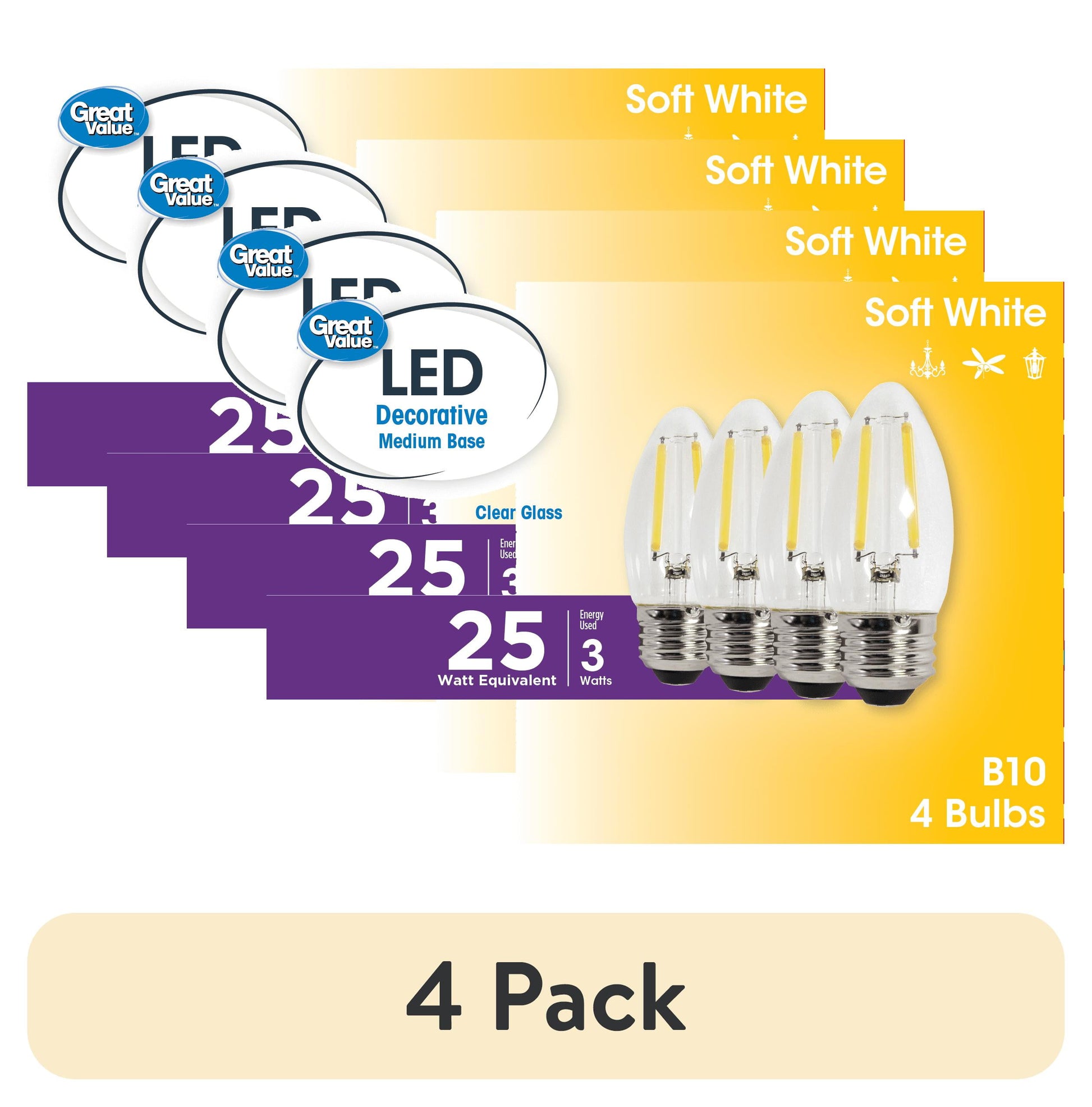 (4 pack) Great Value B10 LED 3W (25W Equivalent) Soft White E26 Medium Base Decorative Light Bulbs, Dimmable, 4 Pack