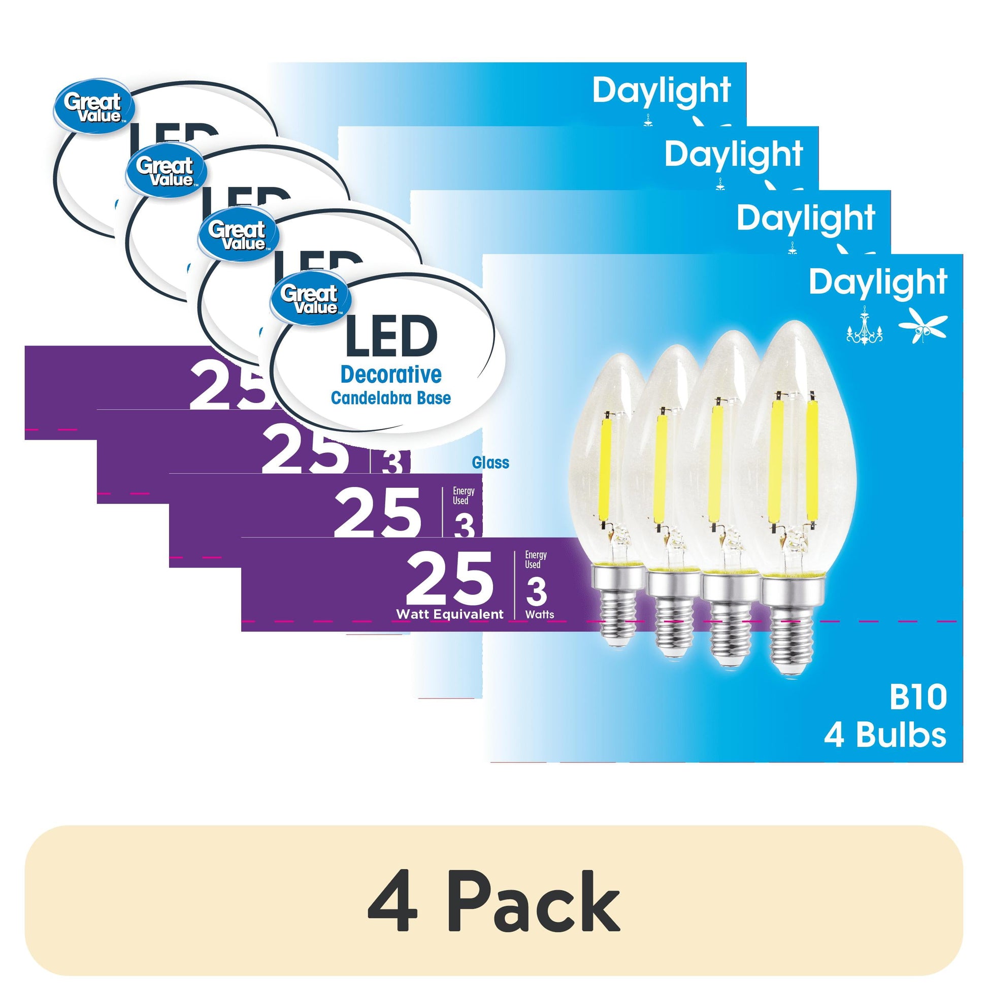 (4 pack) Great Value LED Light Bulb, 3W (25W Equivalent) B10 Deco Lamp E12 Candelabra Base, Dimmable, Daylight, 4-Pack
