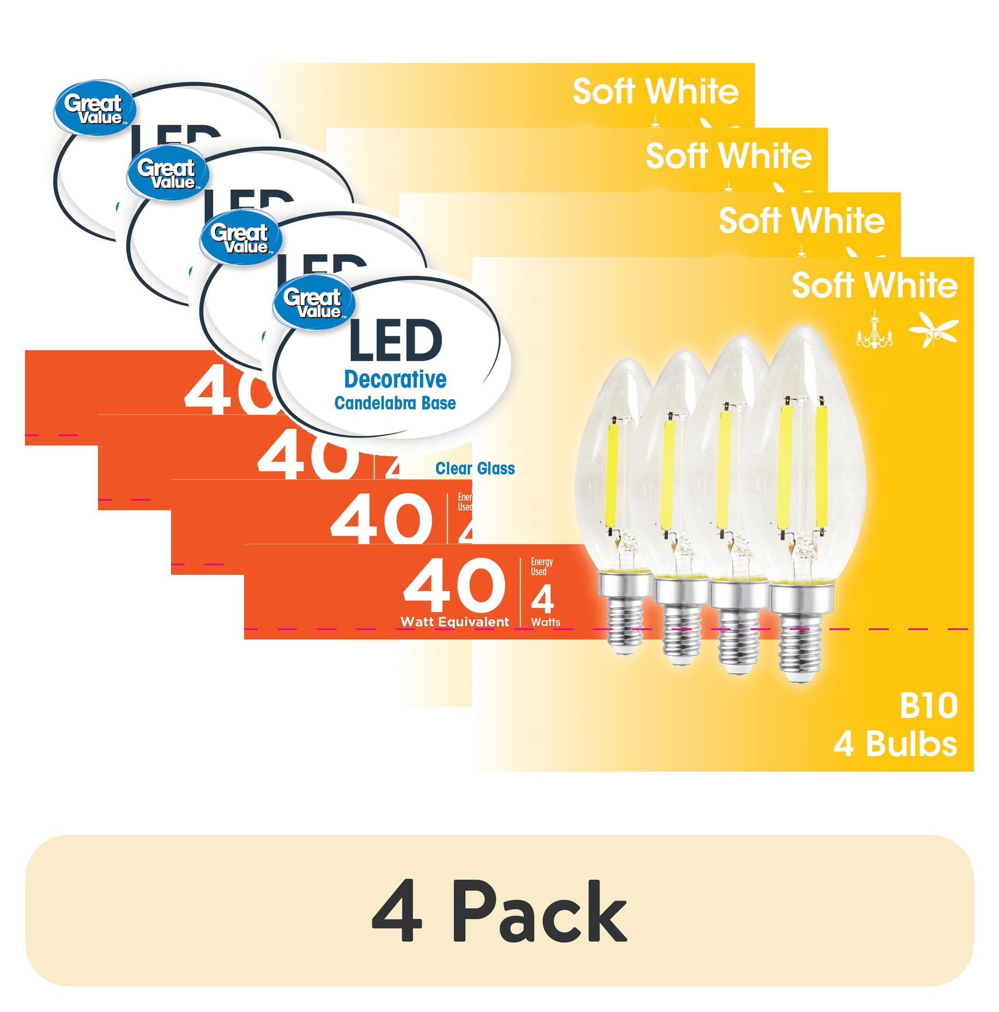 (4 pack) Great Value B10 LED 4W (40W Equivalent) Soft White Decorative E12 Candelabra Base Light Bulbs, Dimmable, 4 Pack
