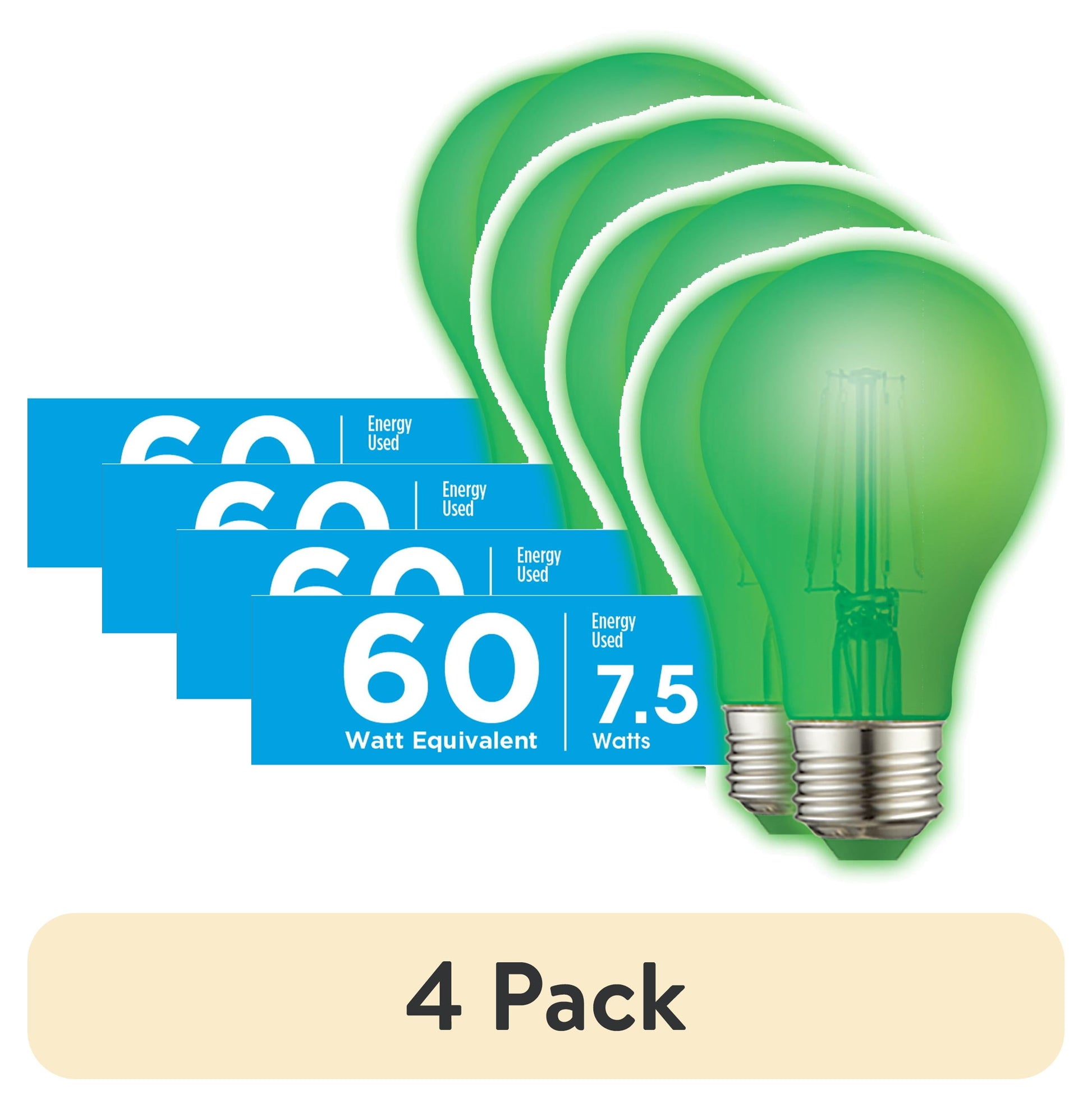 (4 pack) Great Value LED Light Bulb, 7.5 Watts (60W Equivalent) A19 Lamp E26 Medium Base, Non-Dimmable, Green, 2-Pack
