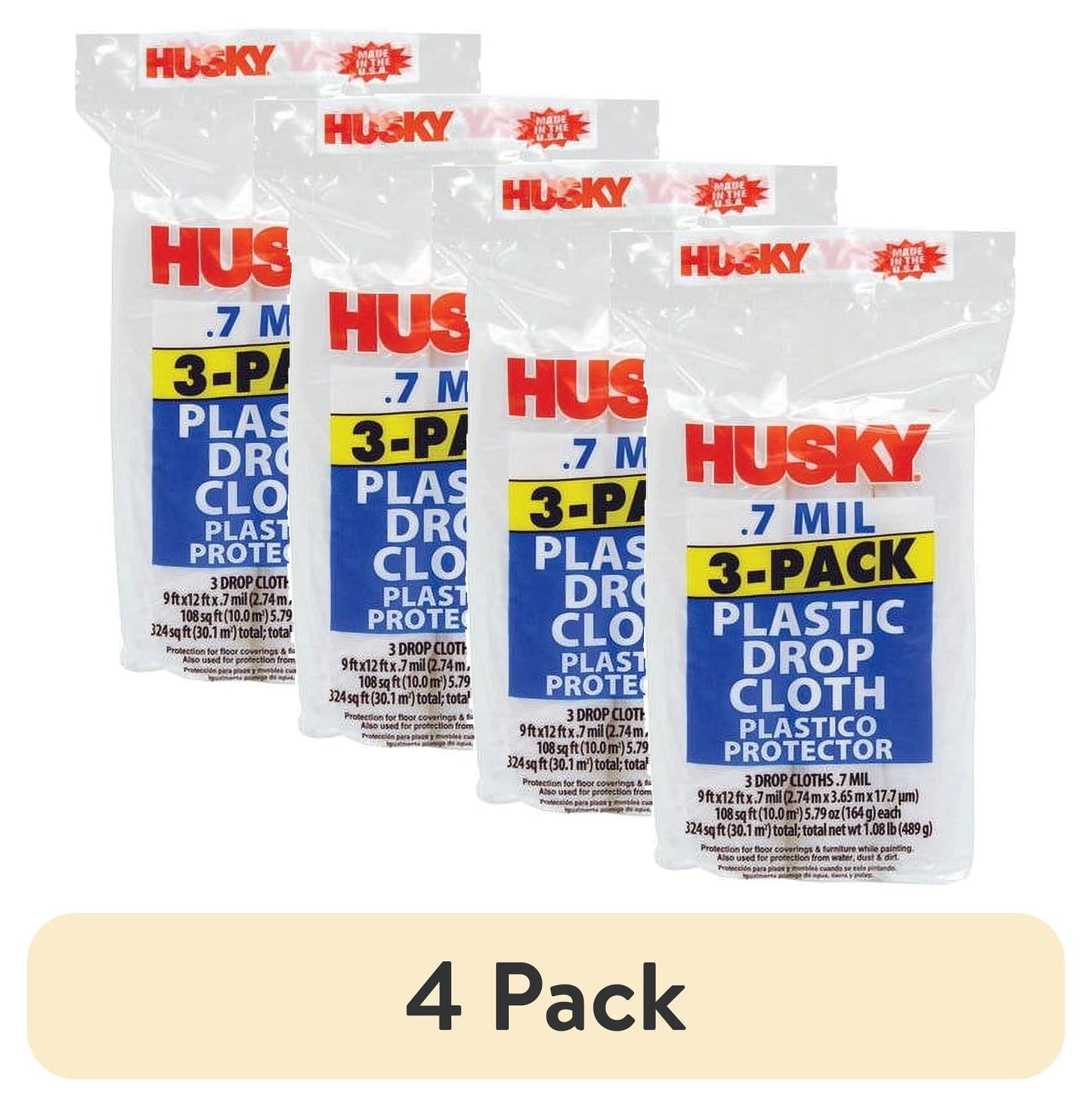 (4 pack) Husky Clear Plastic Drop Cloth, 0.7 Mil, 9 Ft x 12 Ft, 3 Pack