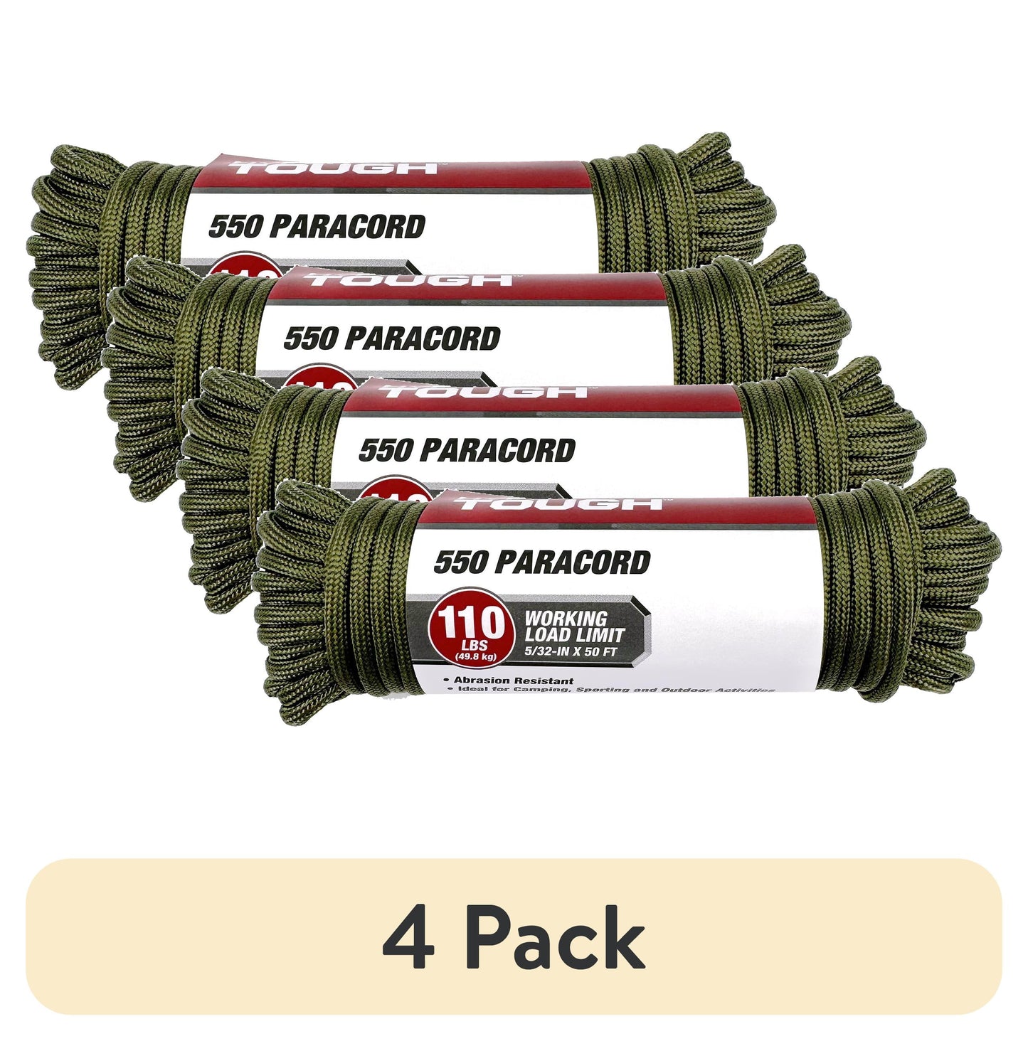 (4 pack) Hyper Tough 5/32 inch 550 Paracord 50 ft, Green