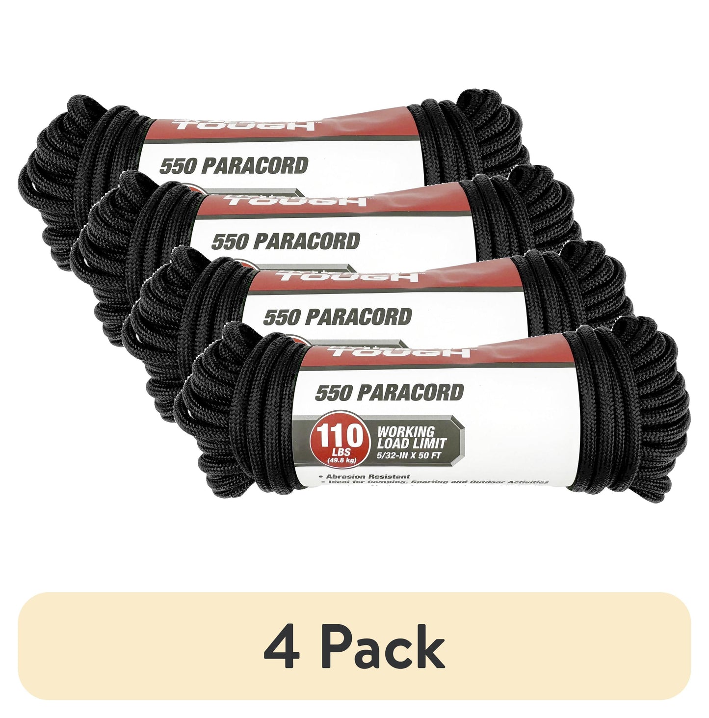 (4 pack) Hyper Tough 5/32 inch x 50 ft, 550 Paracord, Black