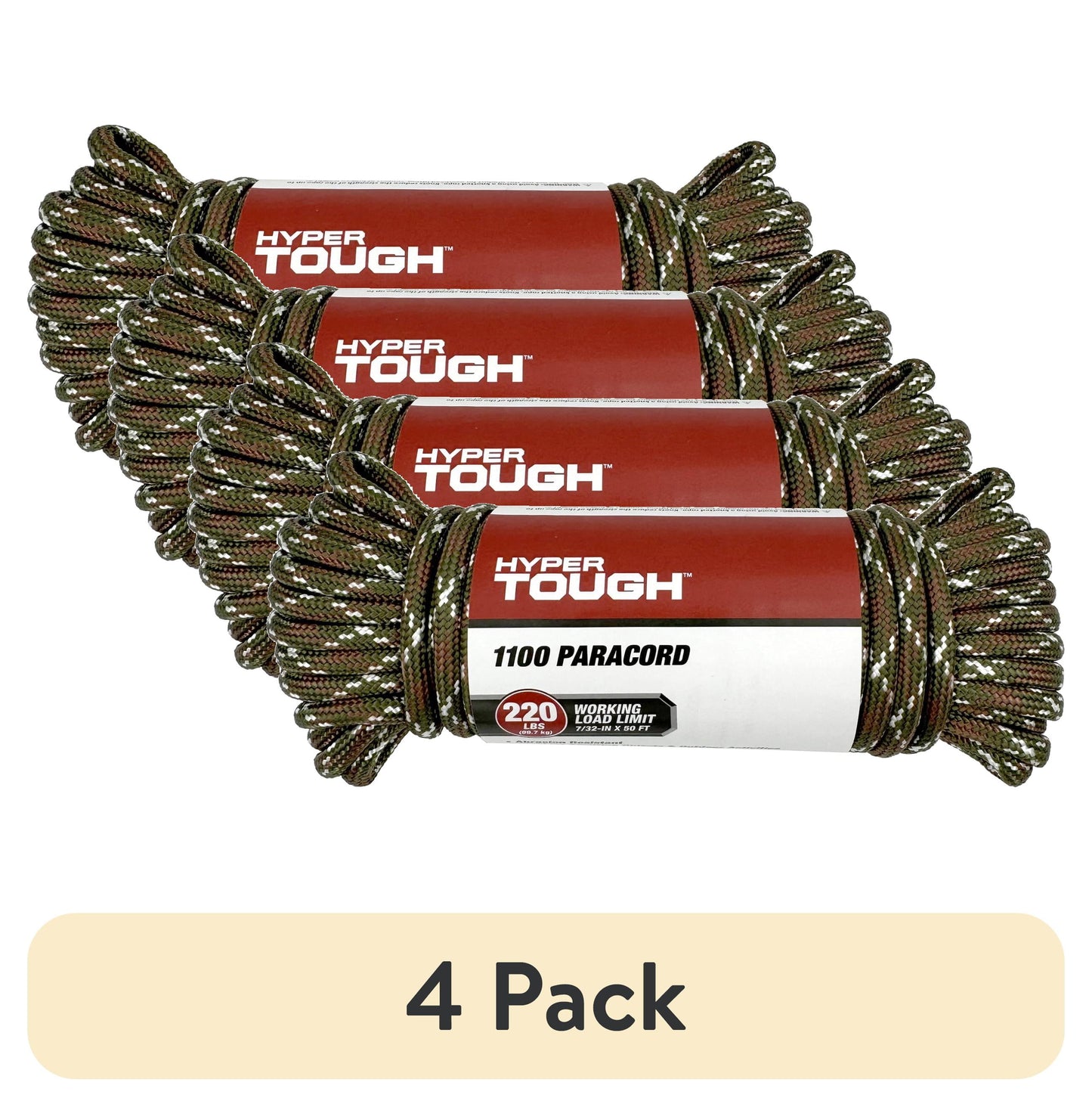 (4 pack) Hyper Tough 7/32 inch x 50 ft, 1100 Paracord, Camo