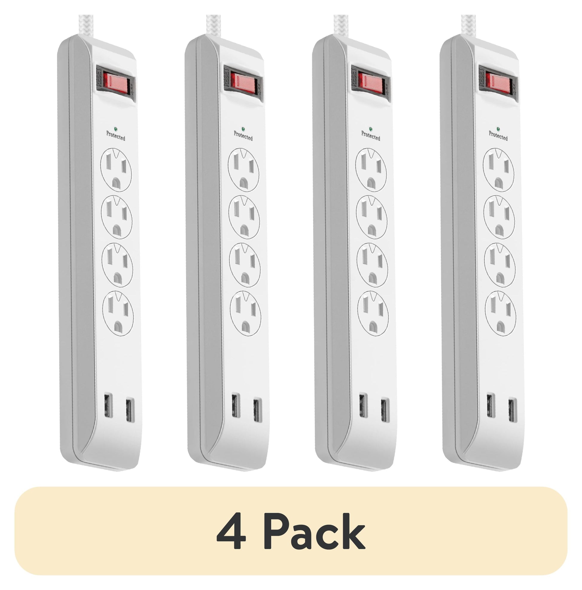(4 pack) Hyper Tough Surge Protector Power Strip with USB, 4 Outlets, 10 ft Braided Extension Cord, White