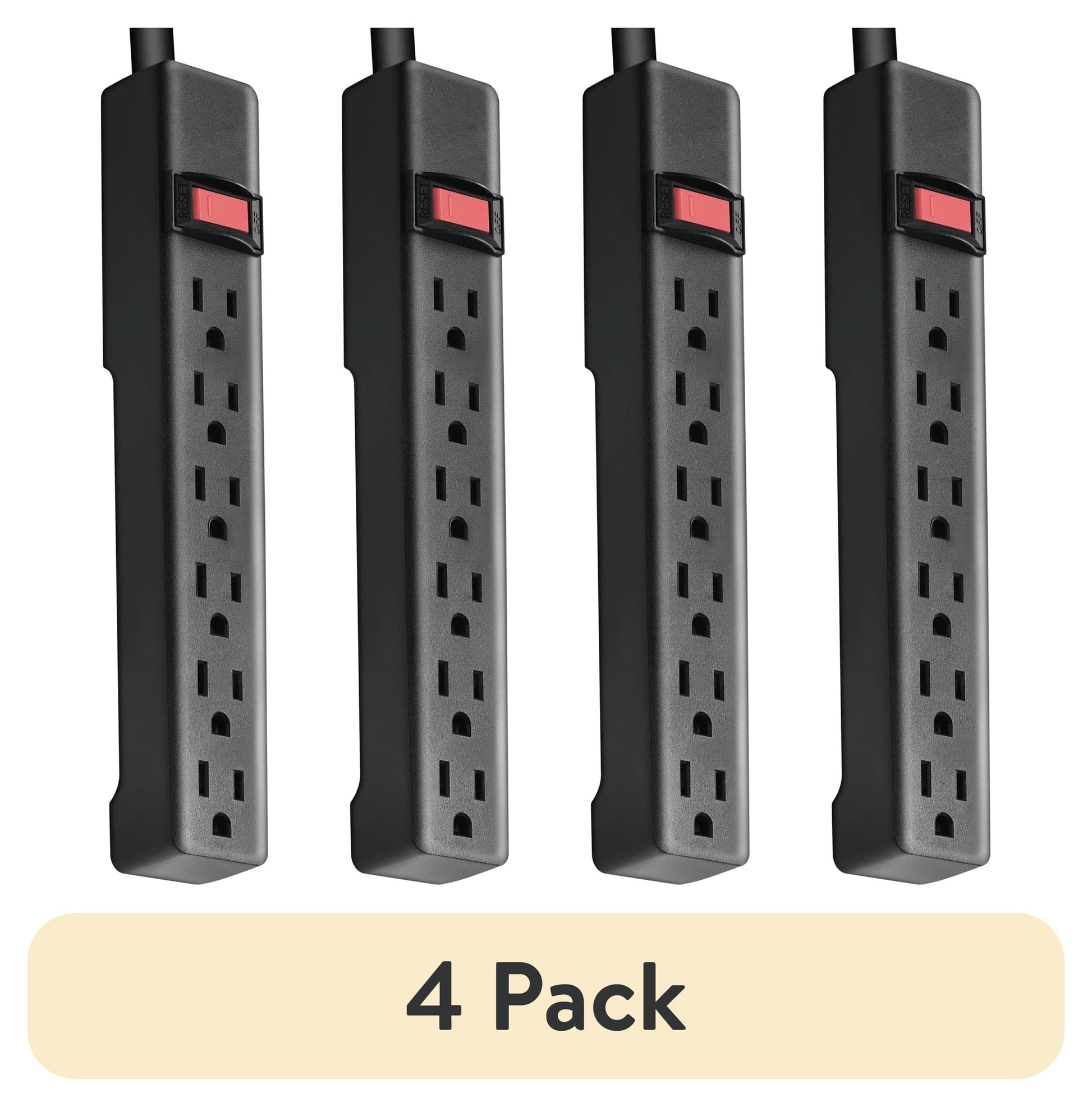 (4 pack) Hyper Tough 6-Outlet Indoor Power Strip with 8 Ft Extension Cord, ETL Certified, Black