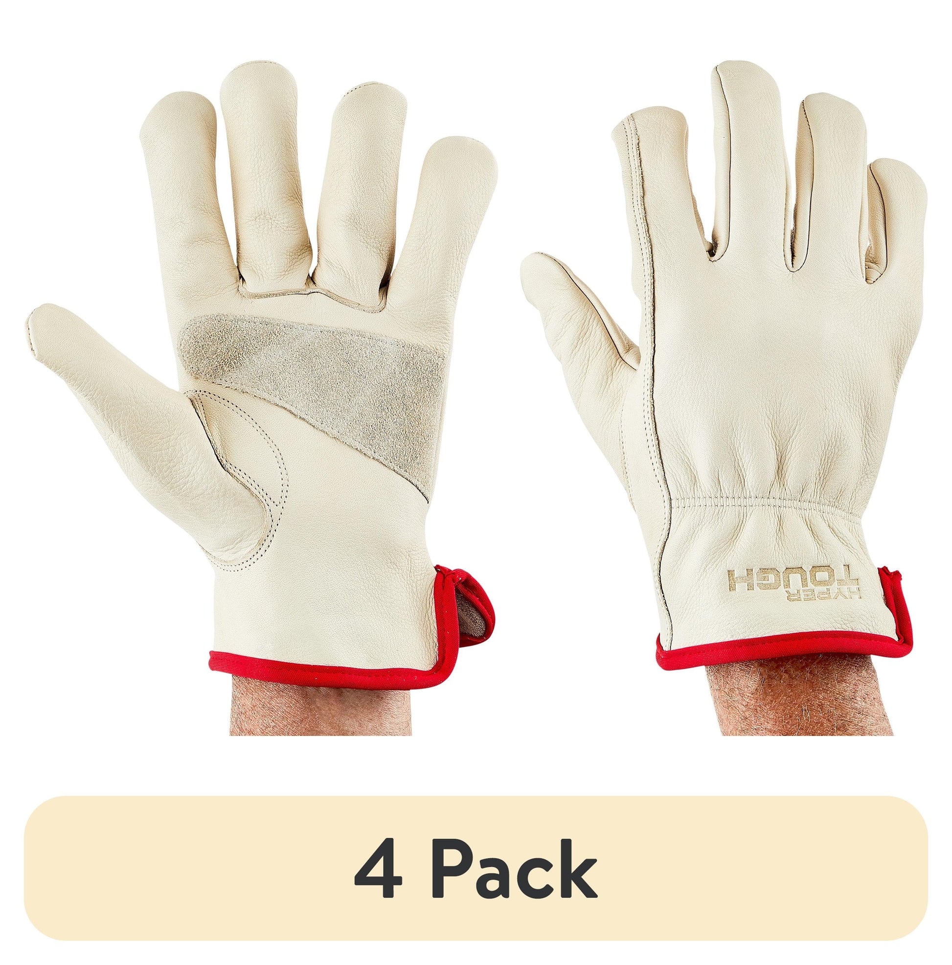 (4 pack) Hyper Tough Leather Work Gloves, Cowhide Leather, Beige, Medium (HT1250M)