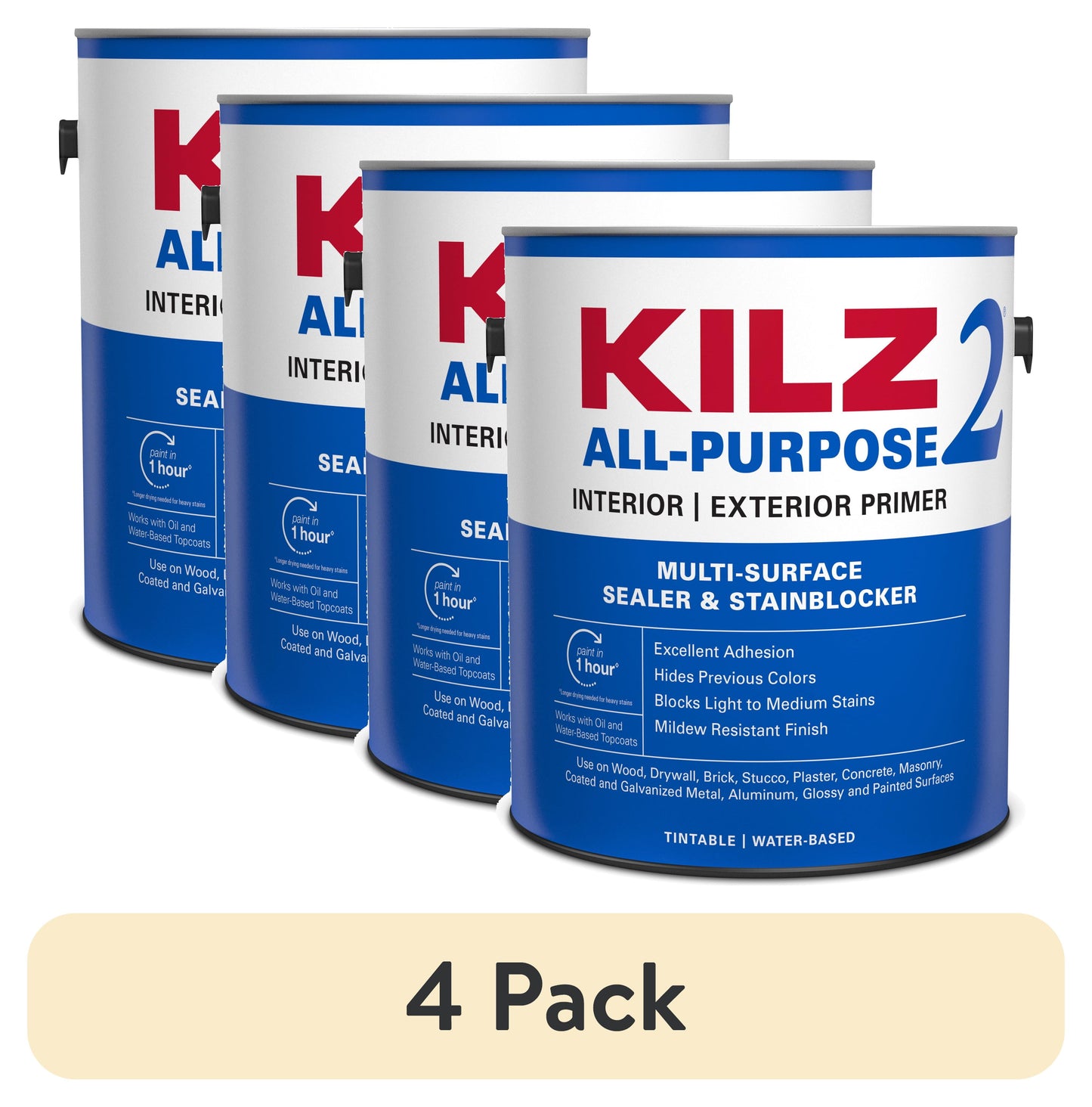 (4 pack) KILZ 2 All-Purpose Interior/Exterior Water-Based Stainblocking Primer, 1 Gallon
