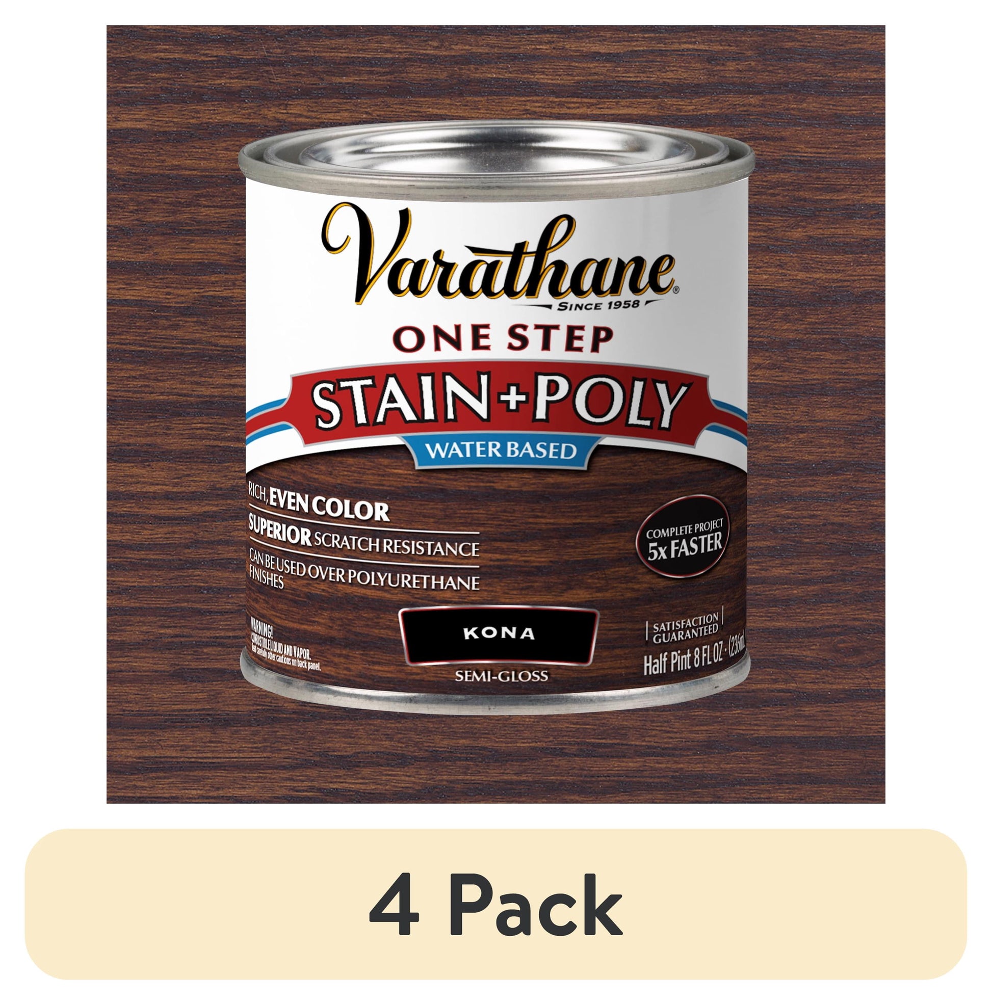 (4 pack) Kona, Varathane One Step Interior Wood Stain + Polyurethane, Semi-Gloss -384358, Half Pint