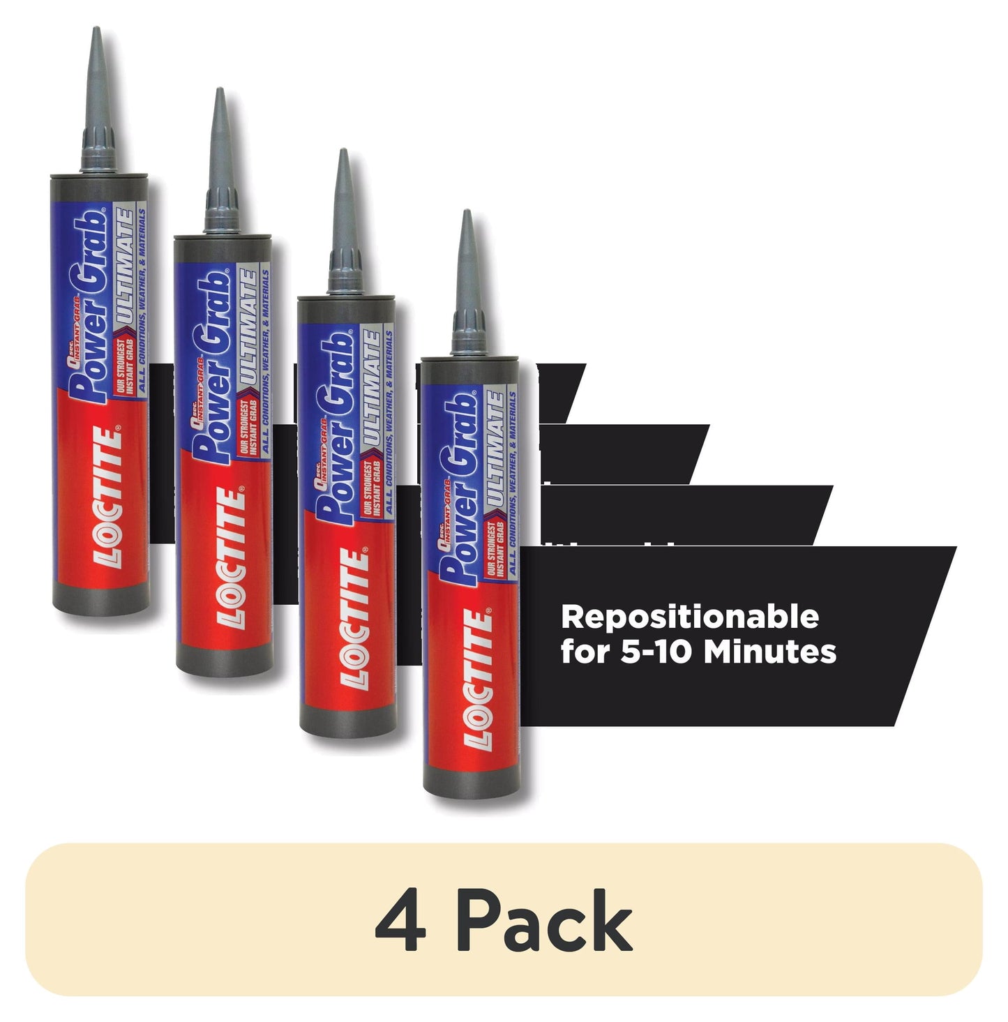 (4 pack) Loctite Power Grab Construction Adhesive Ultimate, Pack of 1, White 9 fl oz Cartridge