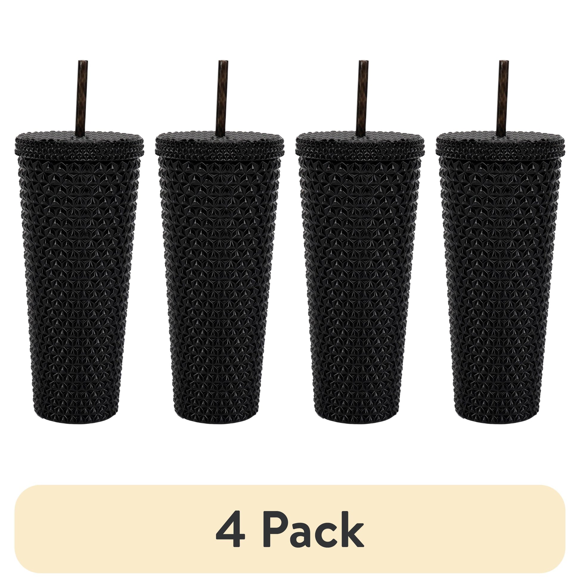 (4 pack) Mainstays 26-Ounce Capacity Plastic Double Wall Insulated Iridescent Textured Tumbler with Straw, Black