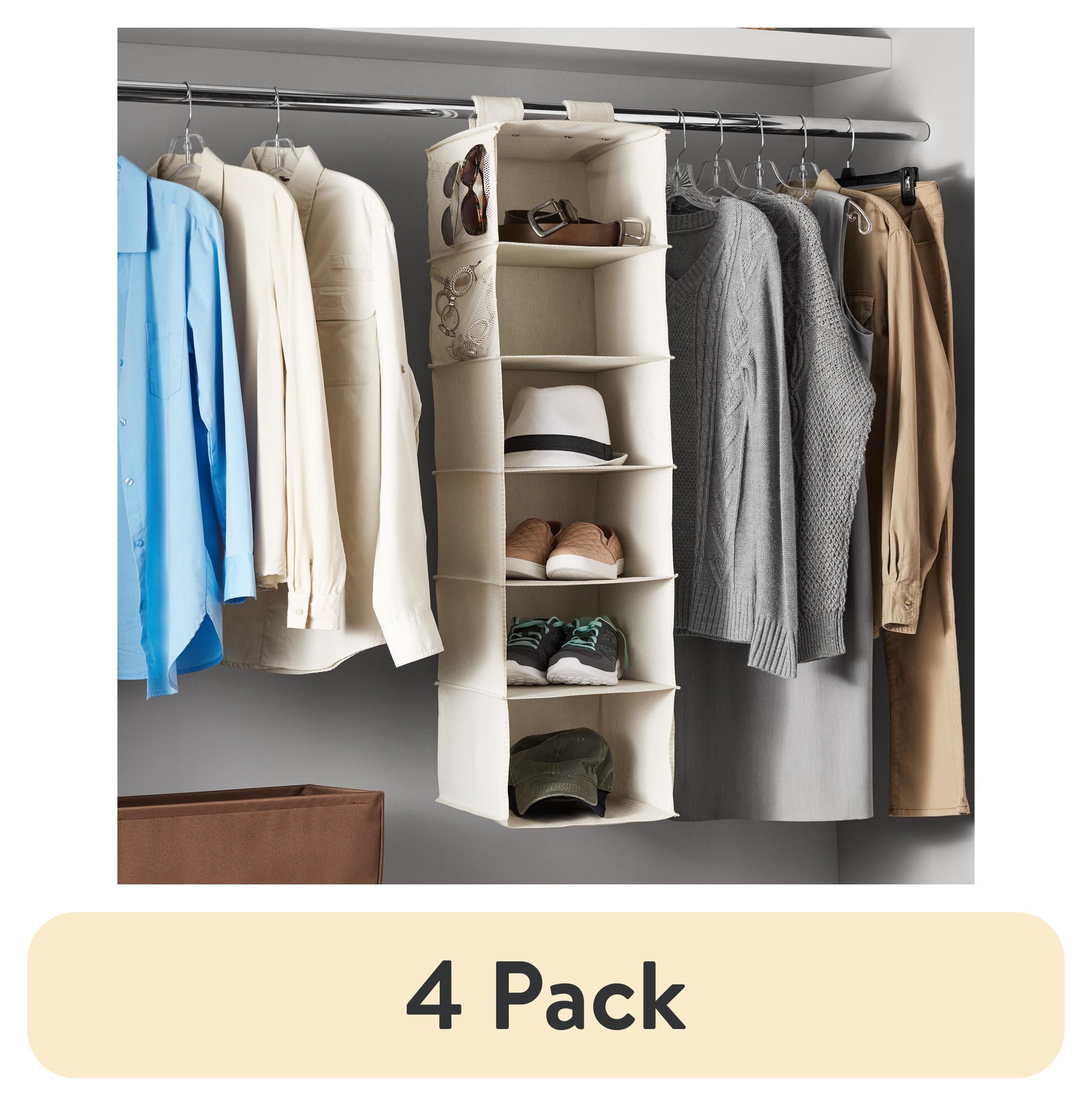 (4 pack) Mainstays Canvas 6-Shelf Hanging Closet Organizer for Shoes and Clothes, Beige