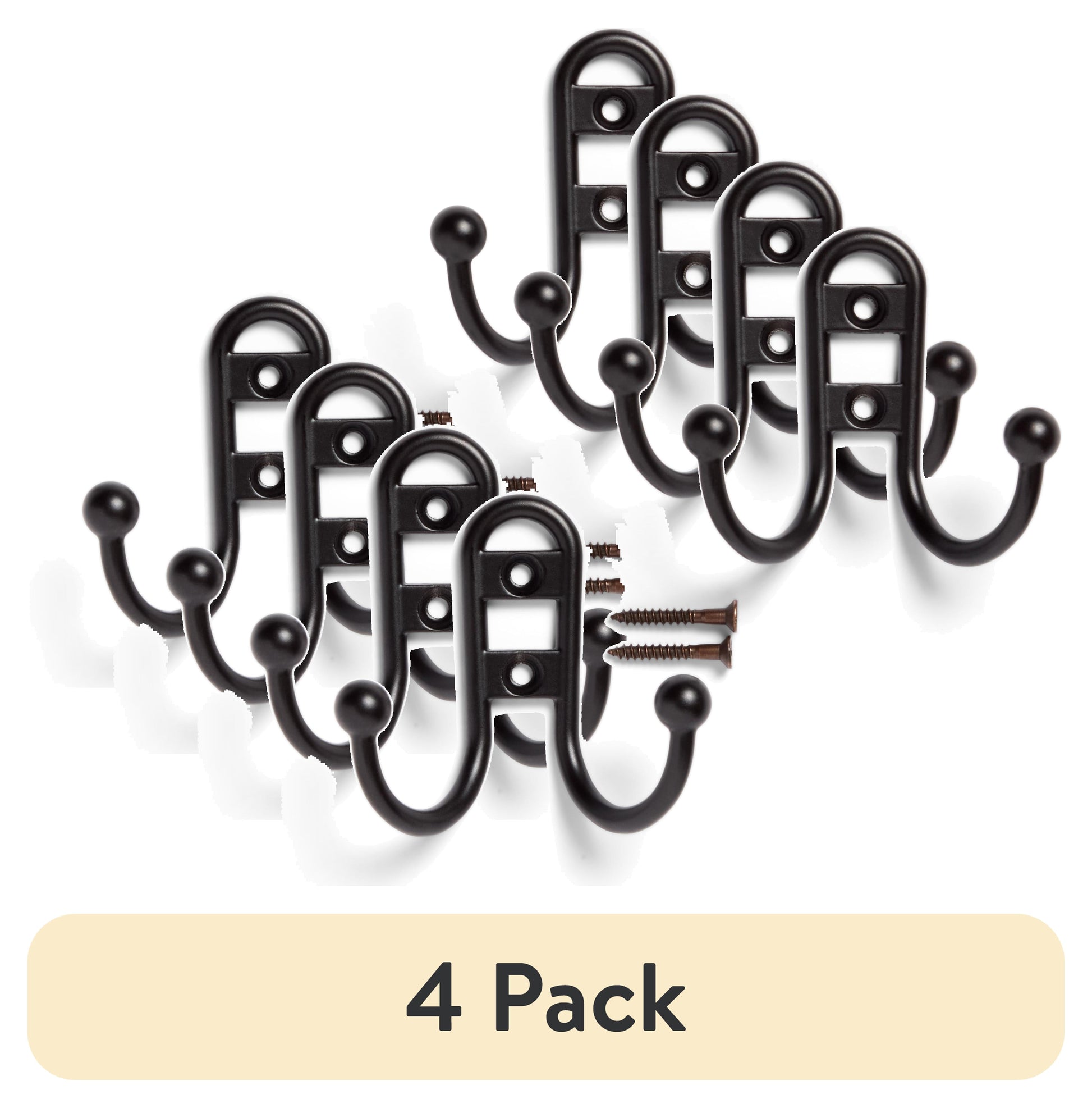 (4 pack) Mainstays, Double Hook Bronze Metal Hooks, Clutter-Free Hooks for Hanging Towels and Coats, 10 lbs Capacity, 3 Pack