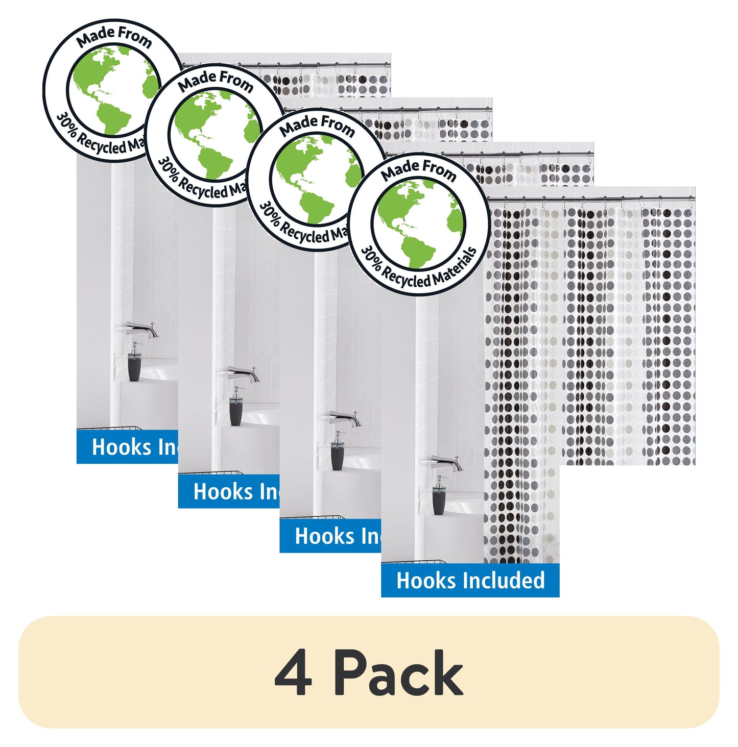 Mainstays Eco-friendly Waterproof Recycled PEVA Black & White Contemporary Polka Dots Shower Curtain Set and 12 Hooks, Black, White