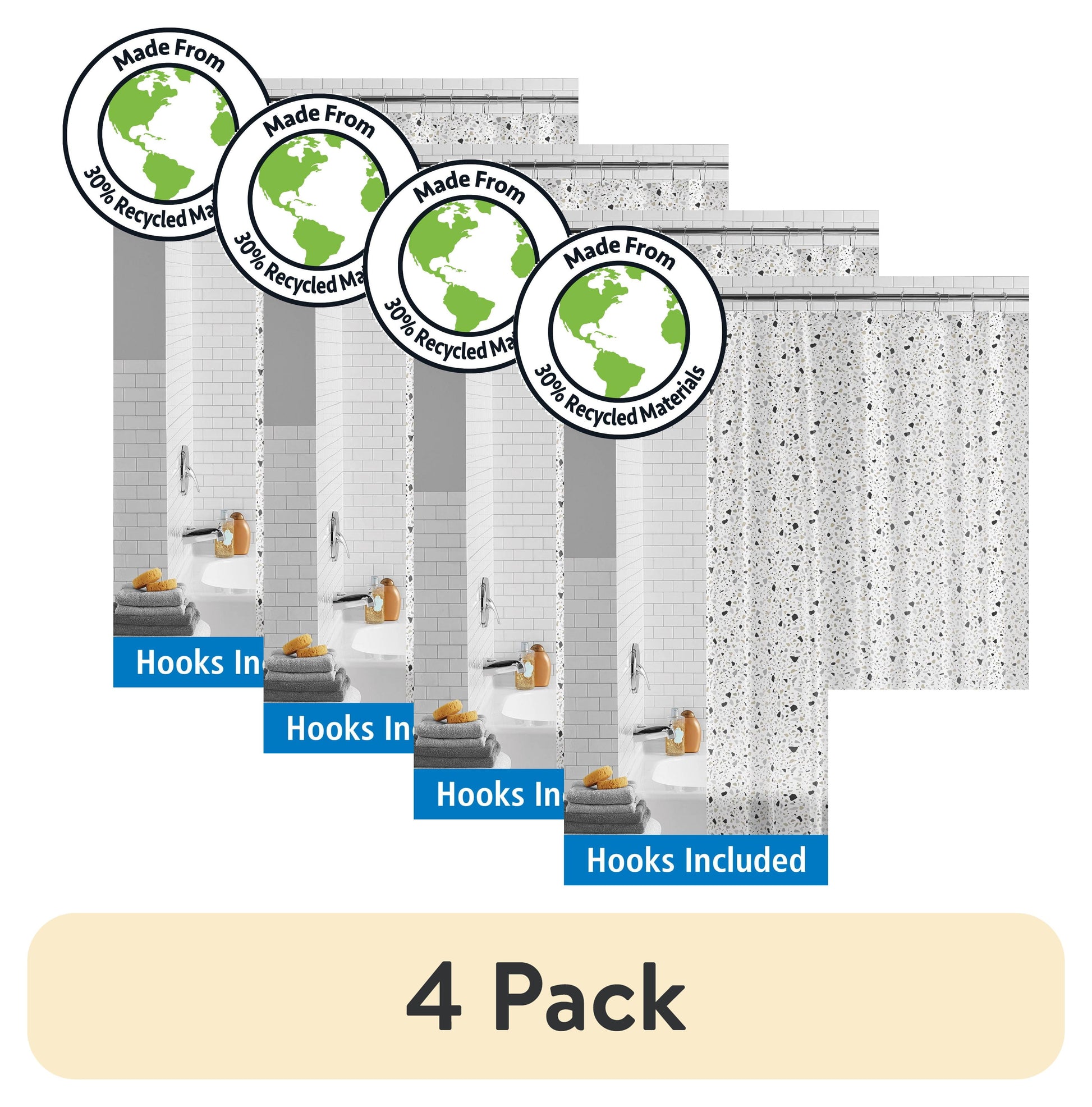 (4 pack) Mainstays Eco-friendly Terrazzo Waterproof Recycled PEVA Shower Curtain Set and Hooks, Black, White
