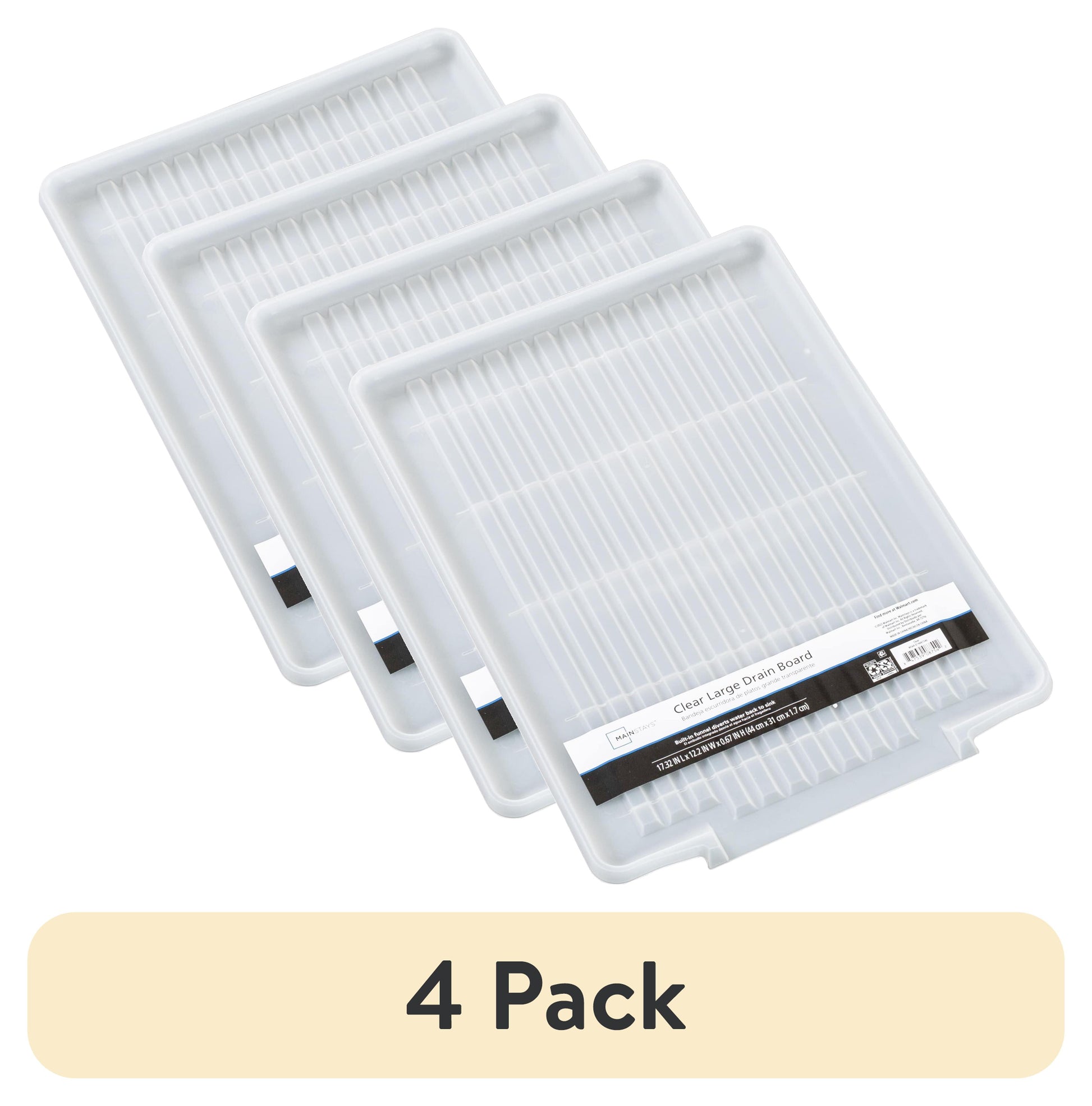 (4 pack) Mainstays Large Clear Plastic Dish Drying Drain Board, Kitchen Sink Dish Drainer Tray for Countertop Drying