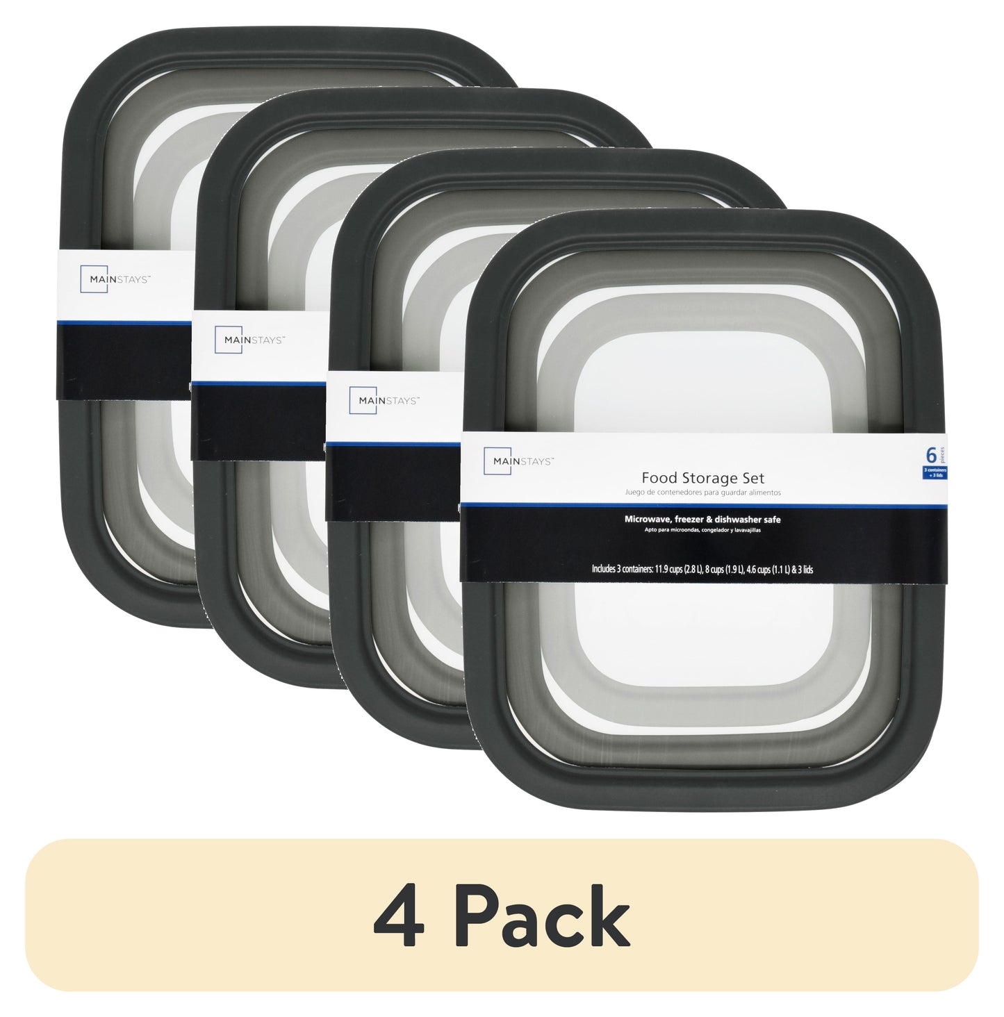 (Paquete de 4) Juego de Recipientes de Almacenamiento de Alimentos Duraderos de PlÃ¡stico Mainstays, Gris, 6 Piezas