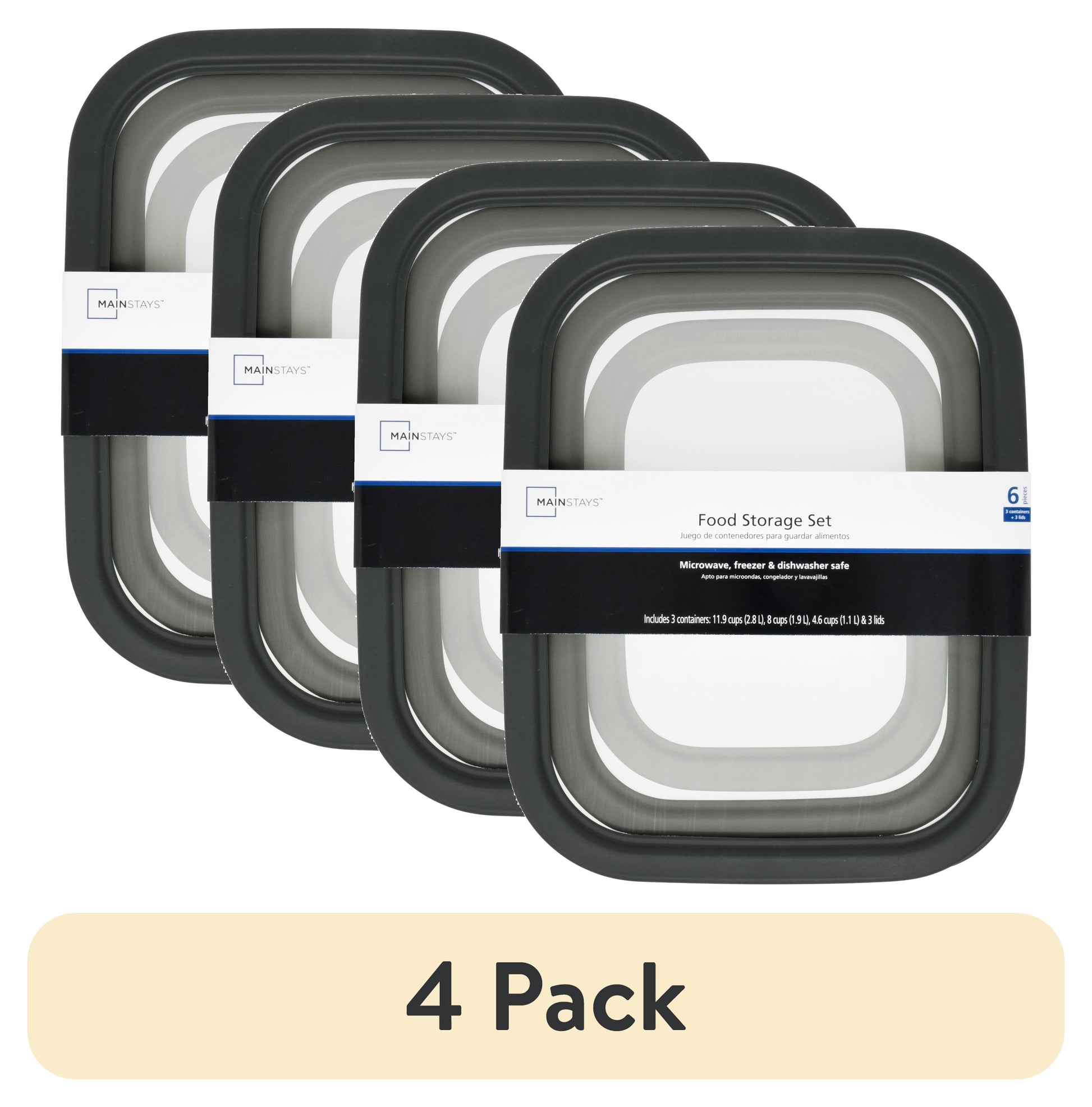 (Paquete de 4) Juego de Recipientes de Almacenamiento de Alimentos Duraderos de PlÃ¡stico Mainstays, Gris, 6 Piezas