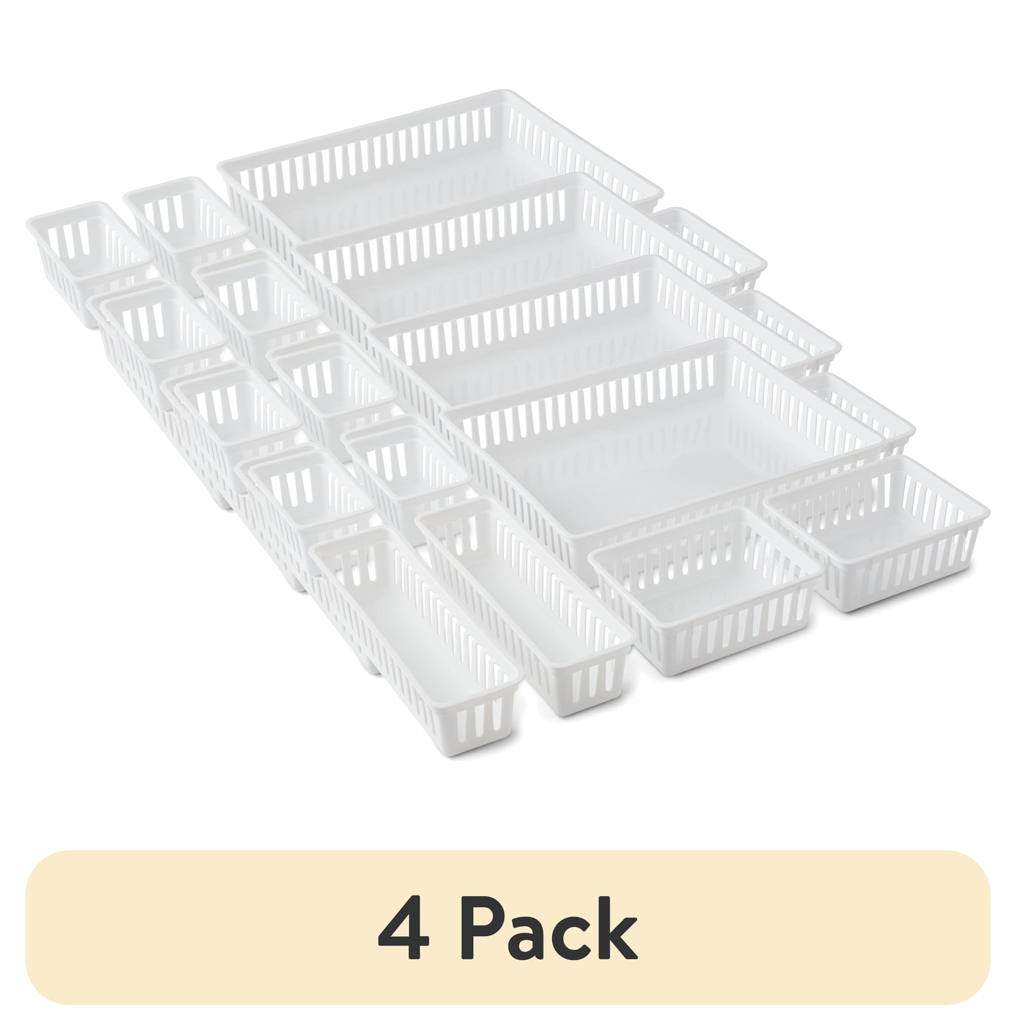 (4 pack) Mainstays 7-Piece Drawer Storage Organizer Bin Set, Plastic Drawer Organizer Containers for Kitchen, Desk, Bathroom and Vanity Drawer Organization