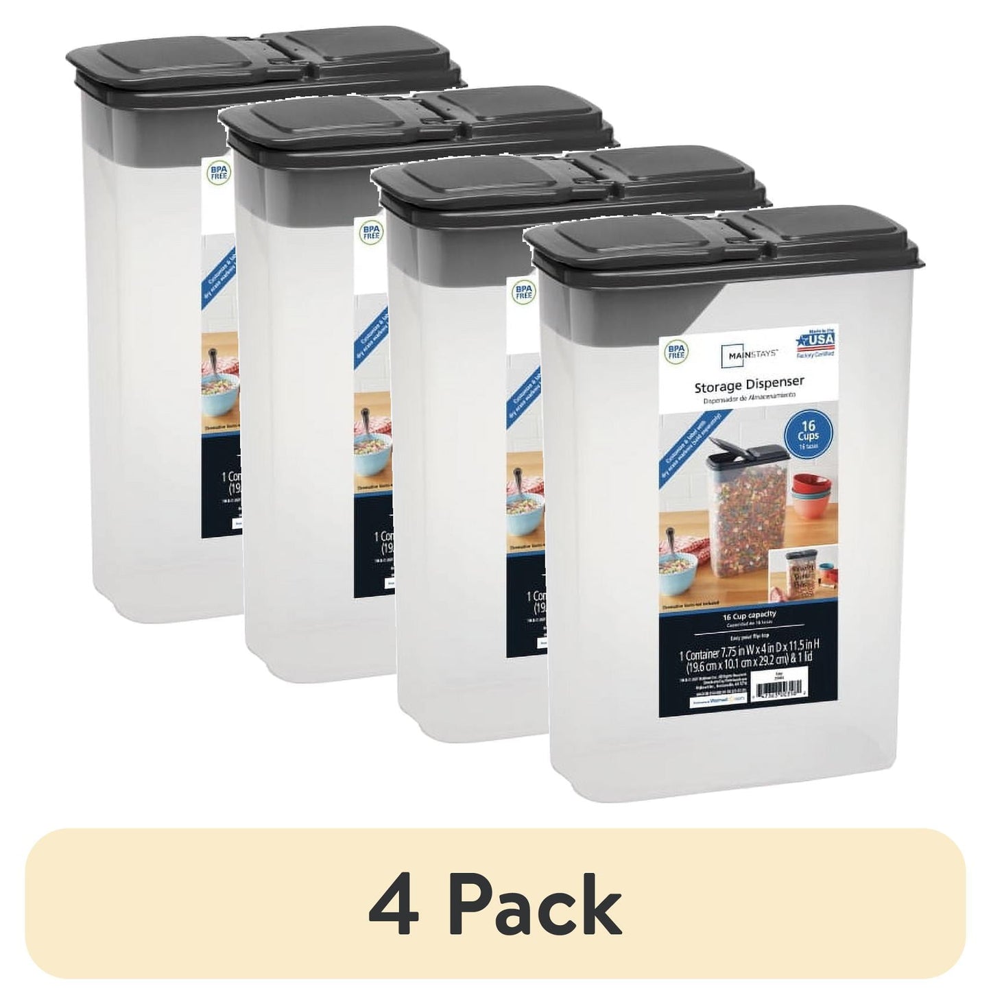 (4 pack) Mainstays Plastic Small Cereal Dispenser, Clear, Gray Lid, 16-Cups, Single, 7.25" x 4" x 11.25", Made for Pantry Organization and Food Storage