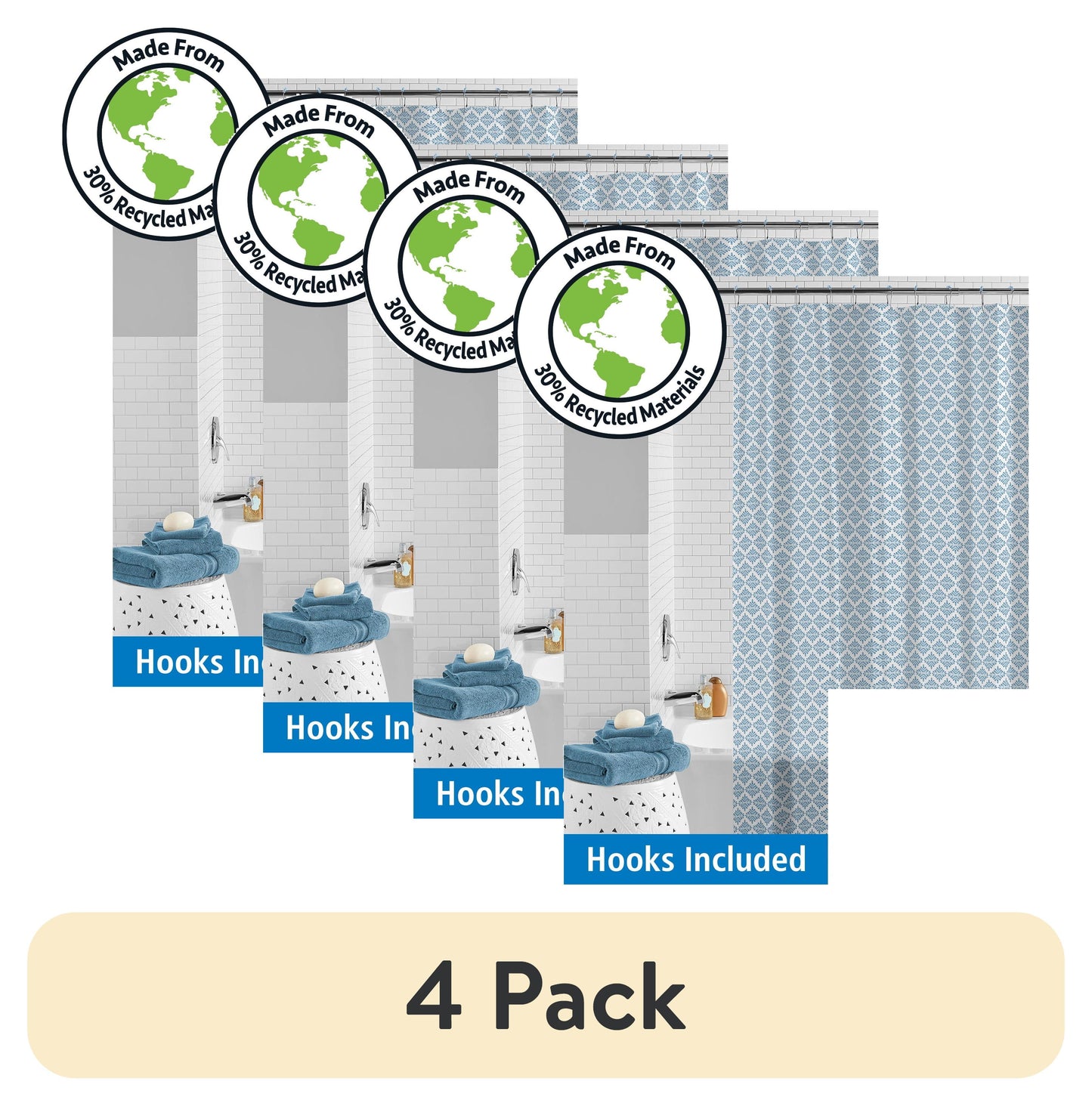 (4 pack) Mainstays Waterproof Medallion Blue 30% Recycled PEVA Shower Curtain Set with Hooks, 13-Piece, Blue