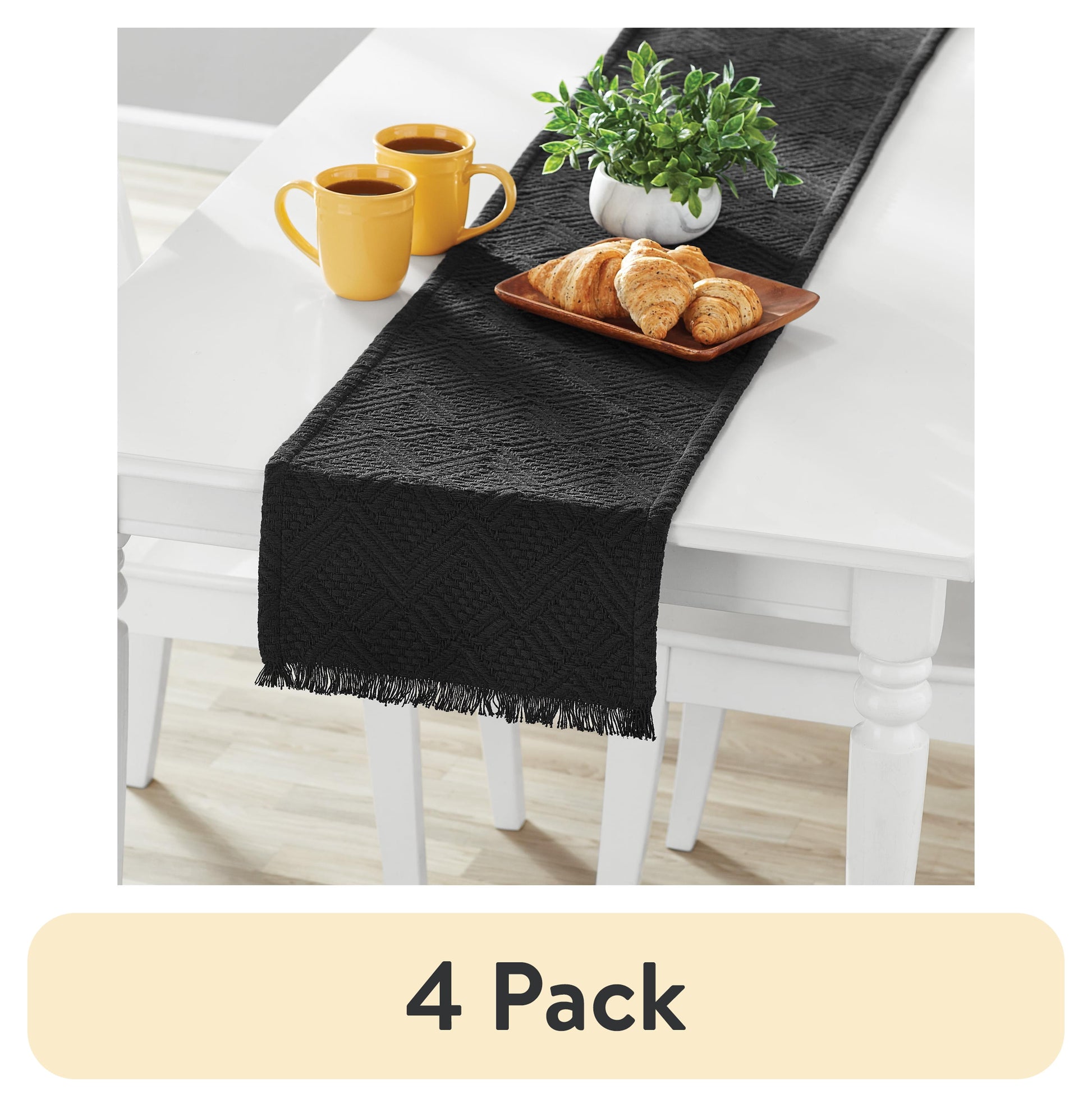 (4 pack) Mainstays Woven Diamond Table Runner - Black - 14"x72", Cotton