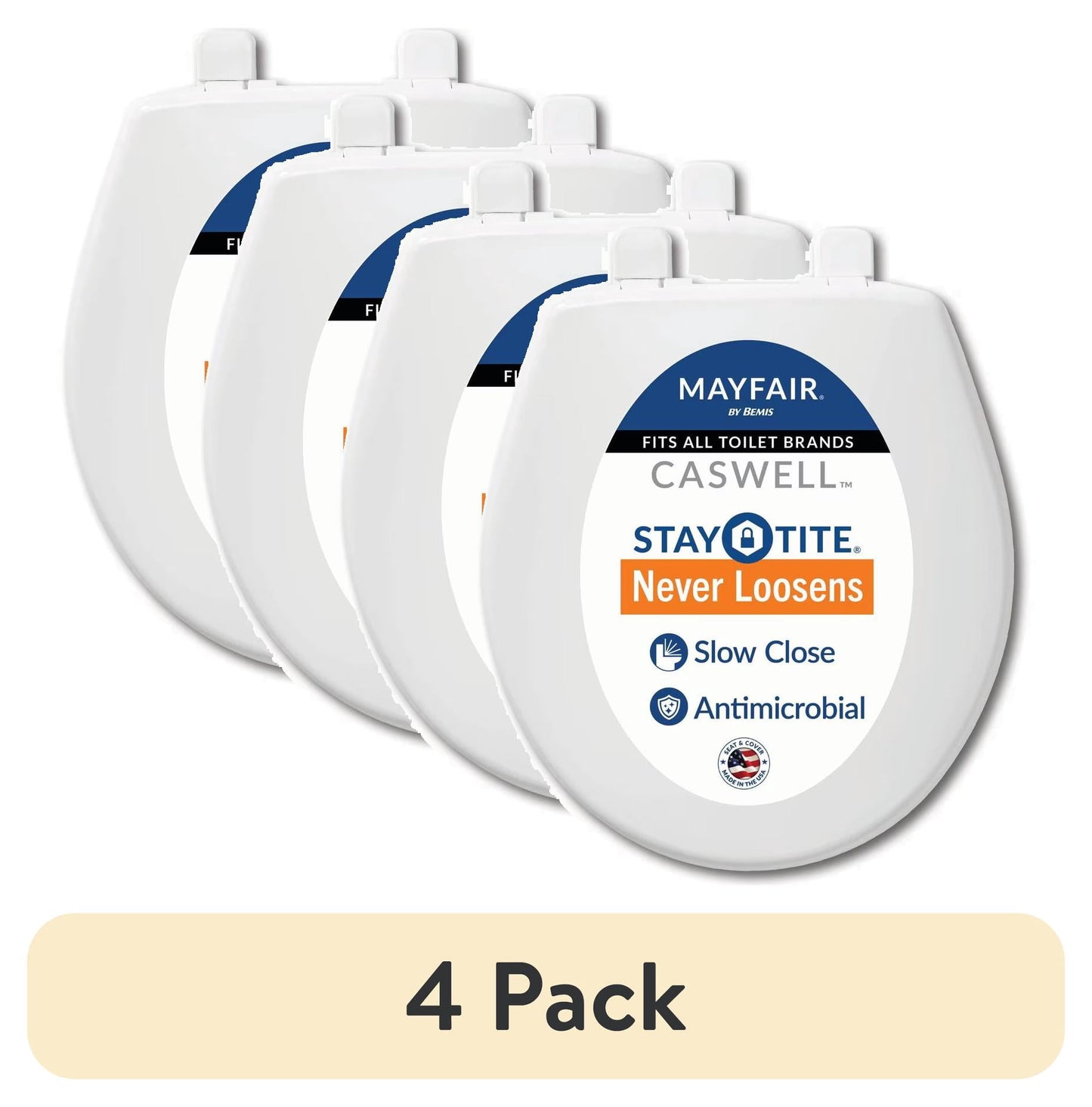 (4 pack) Mayfair Caswellâ„¢ Slow Close Round Plastic Toilet Seat in White Never Loosens