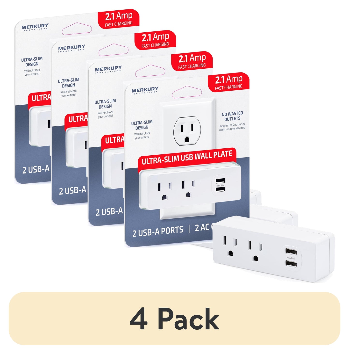 (4 pack) Merkury Innovations Ultra-Slim Wall Tap - 2 AC Outlets, 2 USB-A Ports, 2.1 Amps Fast Charging, Electrical Outlet Extender Wall Tap for Home