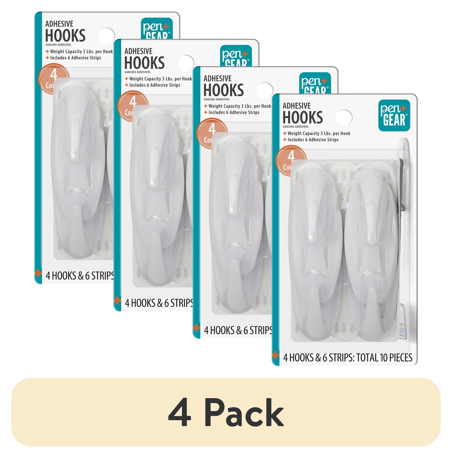 Pen+Gear Plastic Adhesive Medium Wall Hooks, Damage Free, White, 4 Count