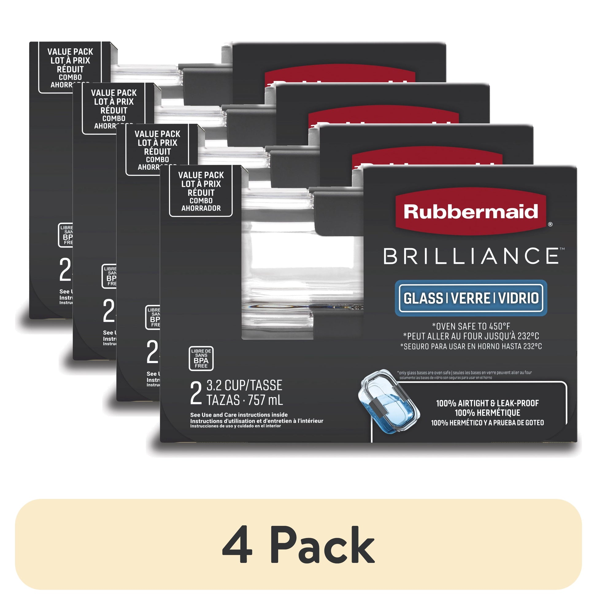 (4 pack) Rubbermaid Brilliance 3.2 Cup Glass Food Storage Containers, Set of 2, Best Used for Leftover Storage and Reheating