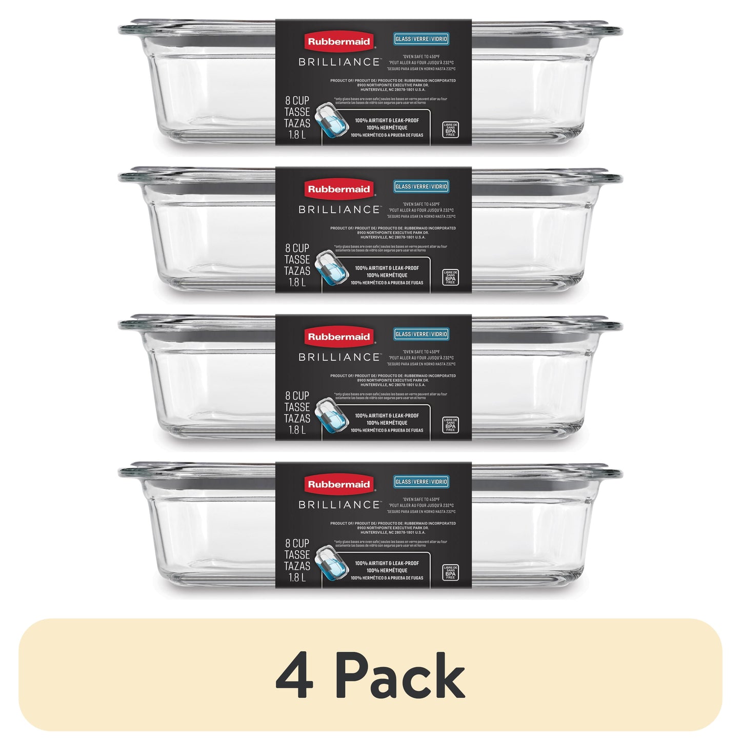 (4 pack) Rubbermaid Brilliance Glass Food Storage Container with Lid, BPA Free and Leak Proof, 8-Cup, Well Suited to Refrigerator Organization