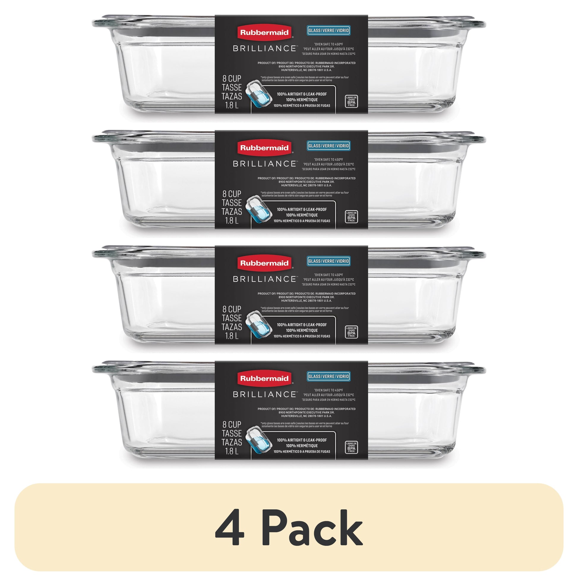 (4 pack) Rubbermaid Brilliance Glass Food Storage Container with Lid, BPA Free and Leak Proof, 8-Cup, Well Suited to Refrigerator Organization