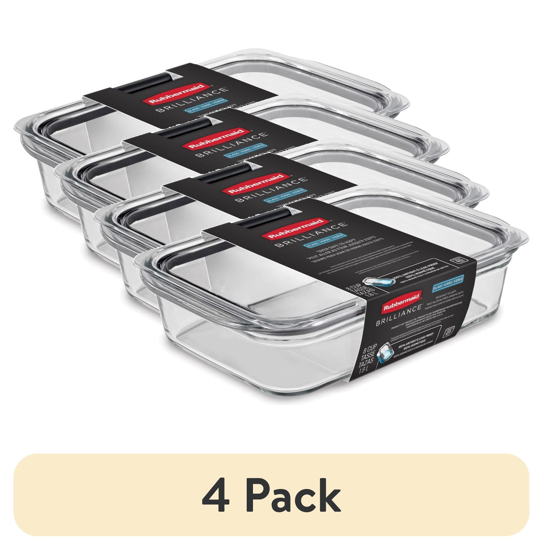 (4 pack) Rubbermaid Brilliance Glass Food Storage Container with Lid, BPA Free and Leak Proof, 8-Cup