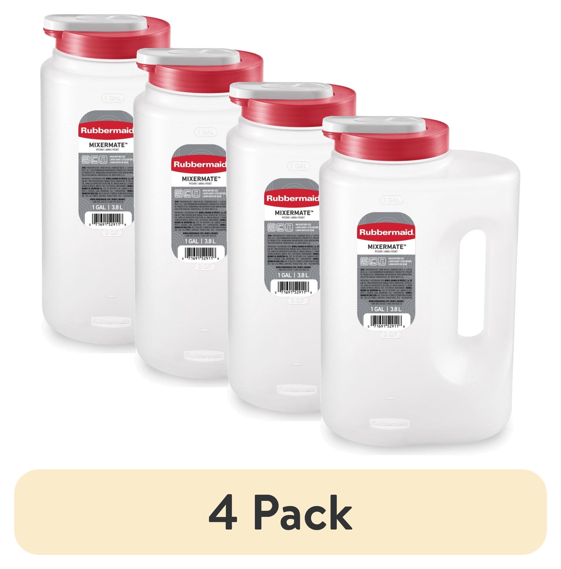 (Paquete de 4) Rubbermaid, Jarra, Jarra Resistente a Fugas Mixermate, Transparente, 3.8 Litros (1 GalÃ³n), PlÃ¡stico, PlÃ¡stico, 3.8 L, 1 gal, Ãštil para Almacenamiento de Bebidas Diarias
