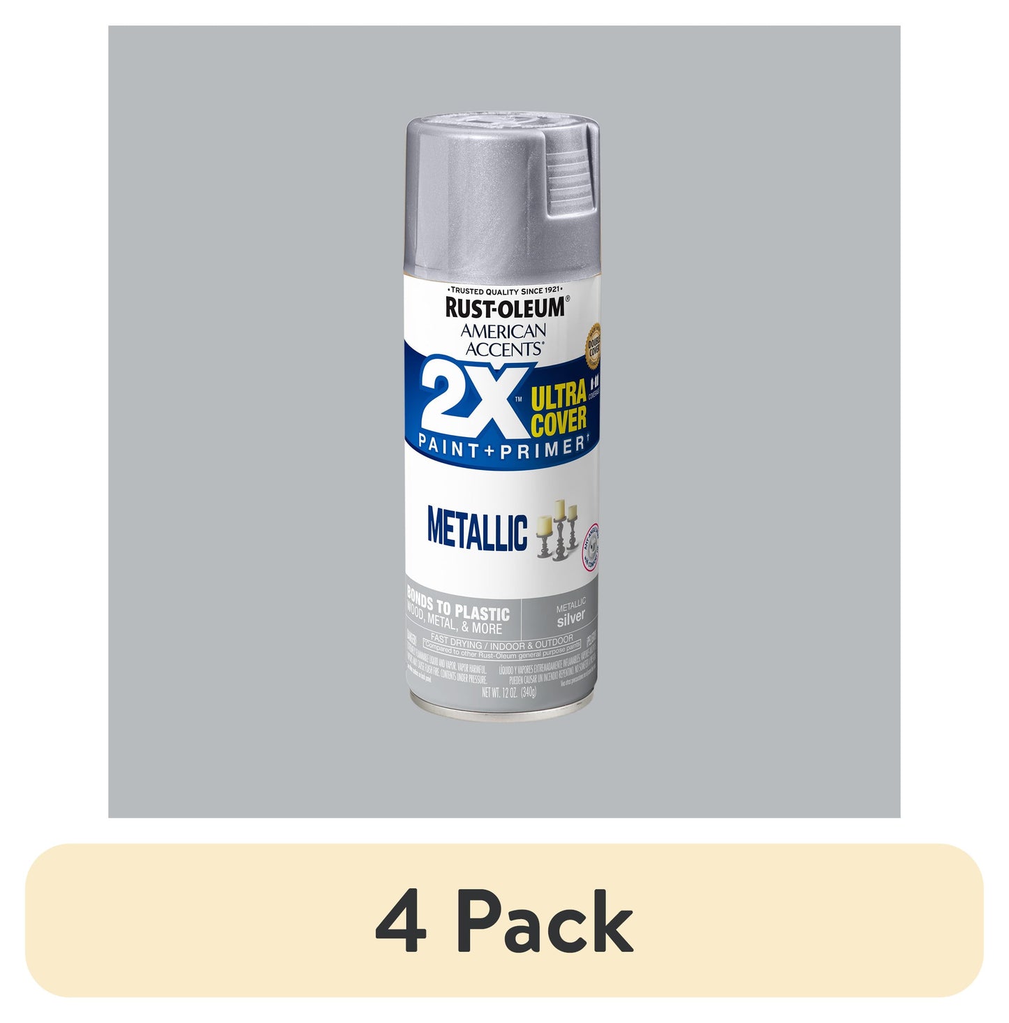 (4 pack) Silver, Rust-Oleum American Accents 2X Ultra Cover Metallic Spray Paint-327910, 12 oz